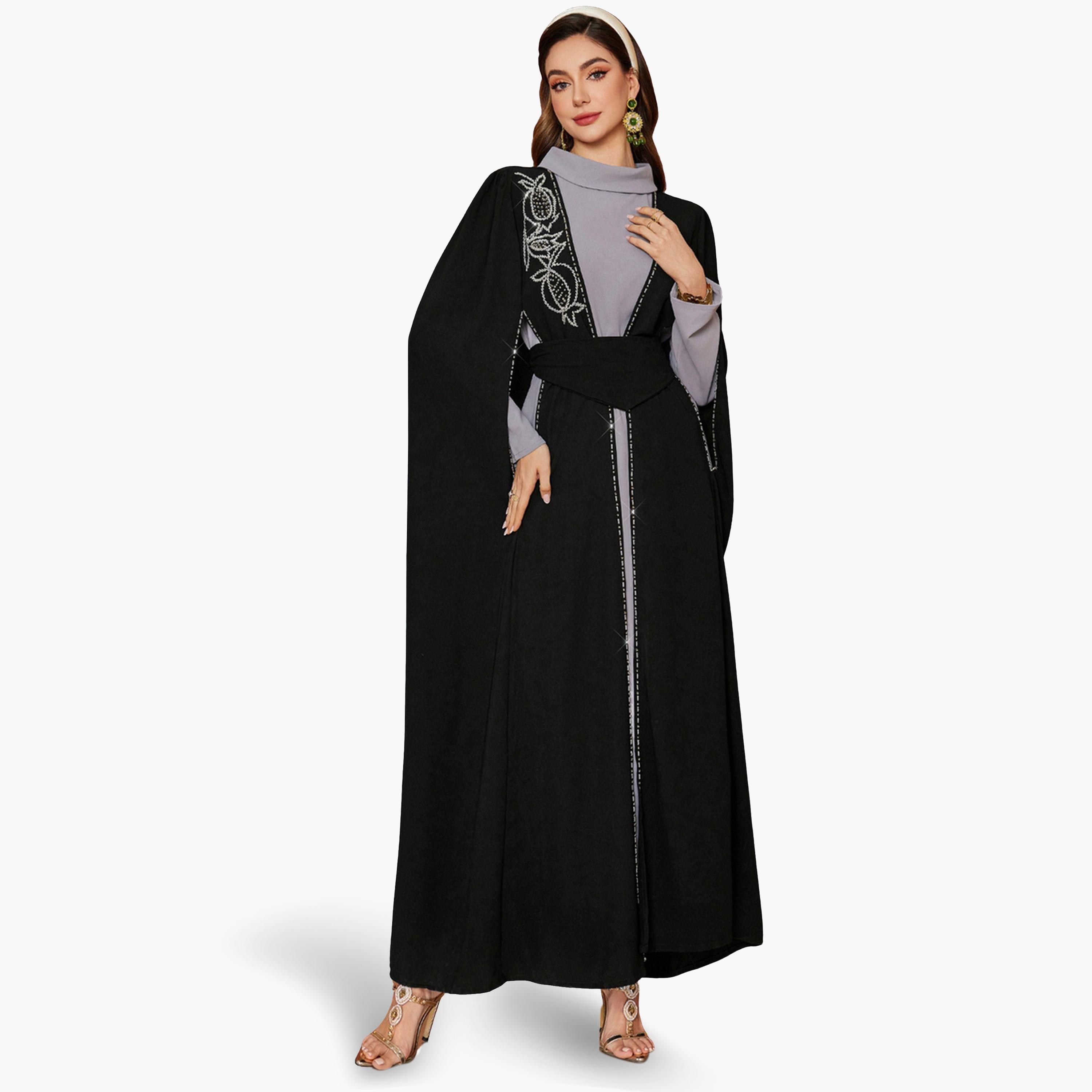 Take Two Women Rhinestone Embellished Kimono with Inner Dress Set-women-arabicclothing-sets-image-1