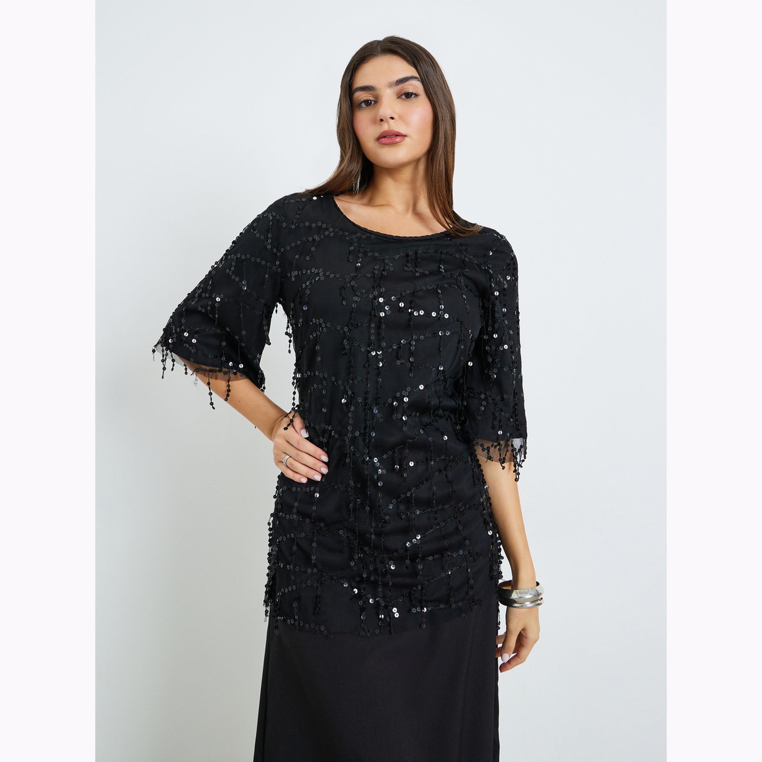 فستان طويل بحافة واسعة وتفاصيل ترتر-women-clothing-dresses-image-3