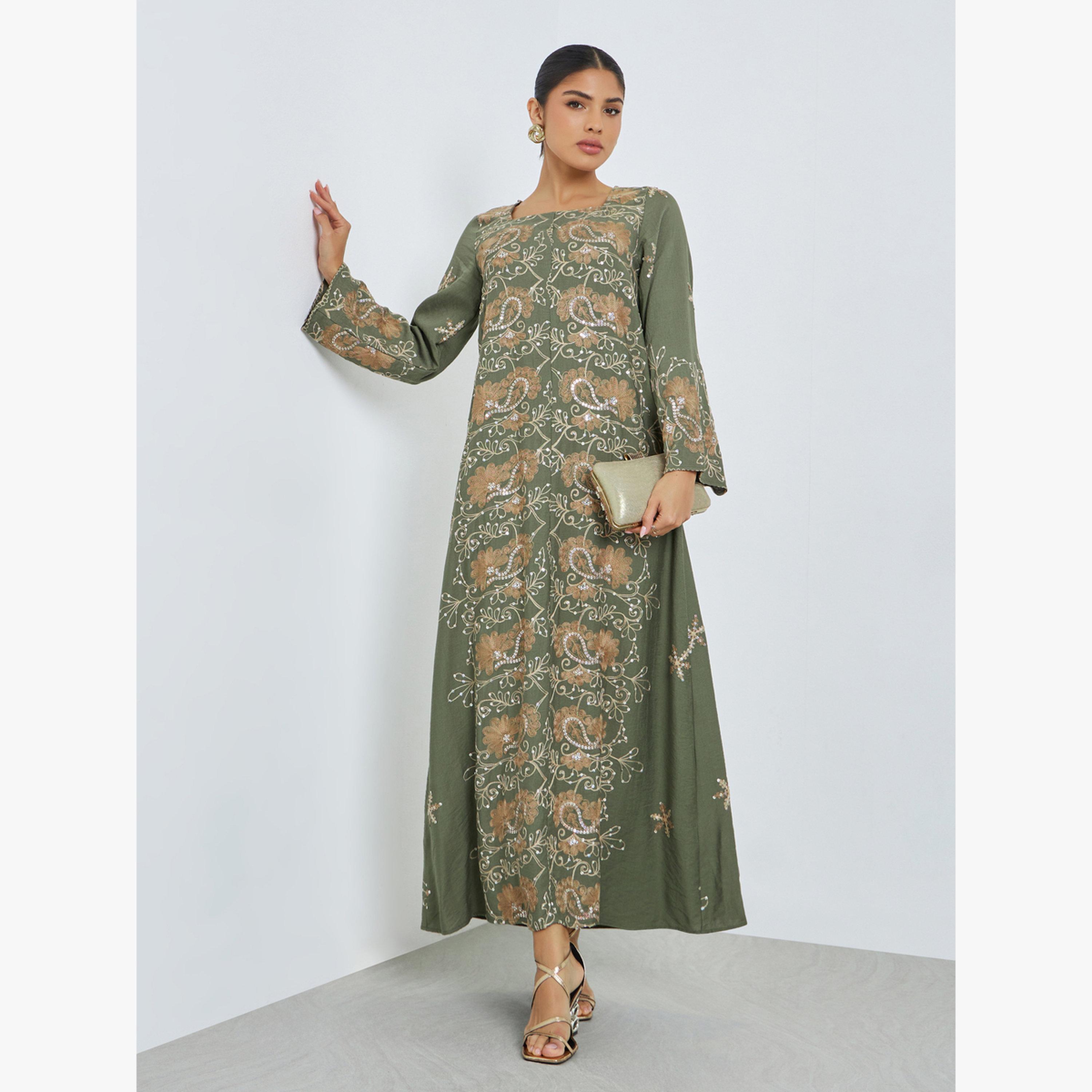 جلابية مطرزة بياقة مربعة-women-arabicclothing-jalabiyas-image-1