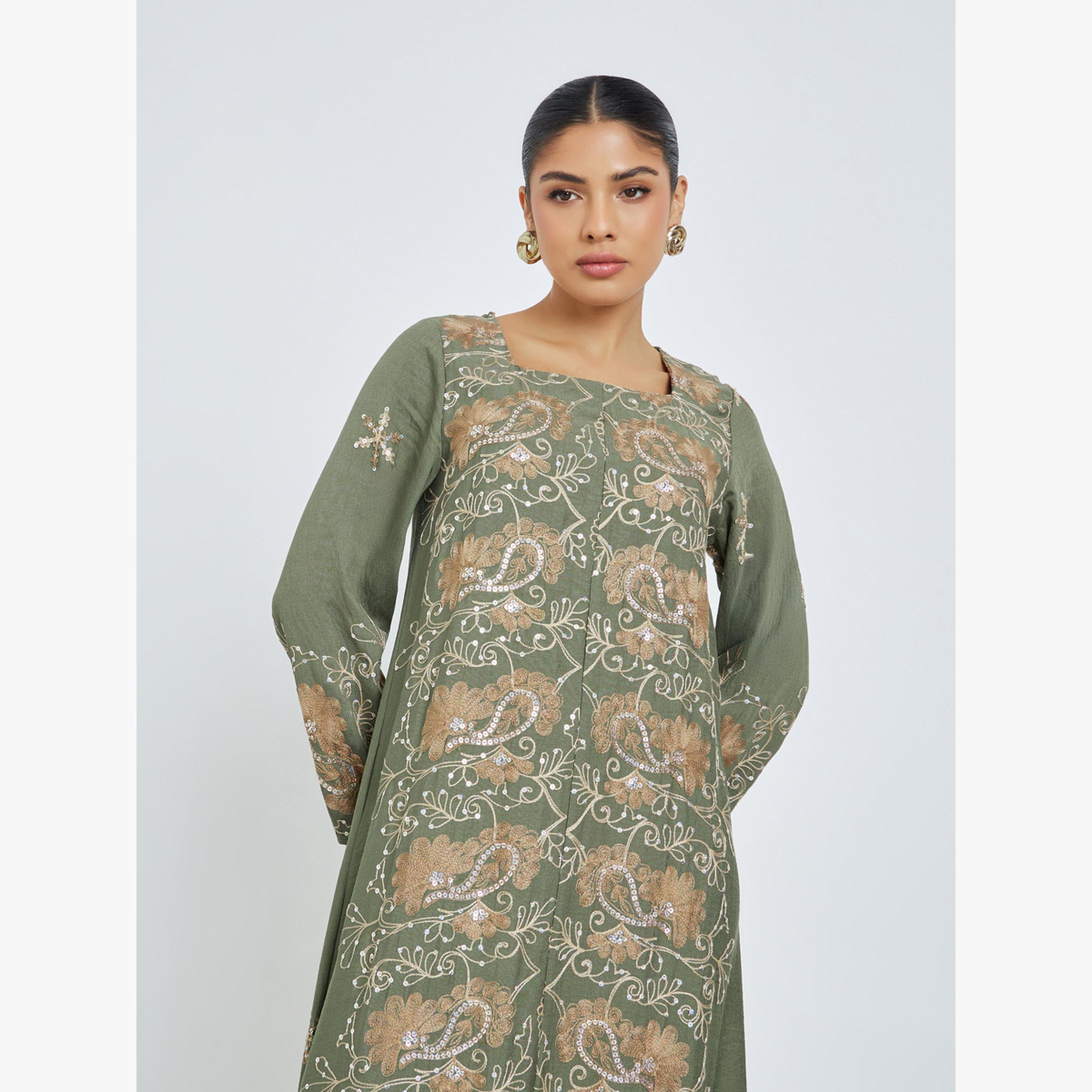 Styli Green Square Neck Embroidered Jalabiya-women-arabicclothing-jalabiyas-image-2