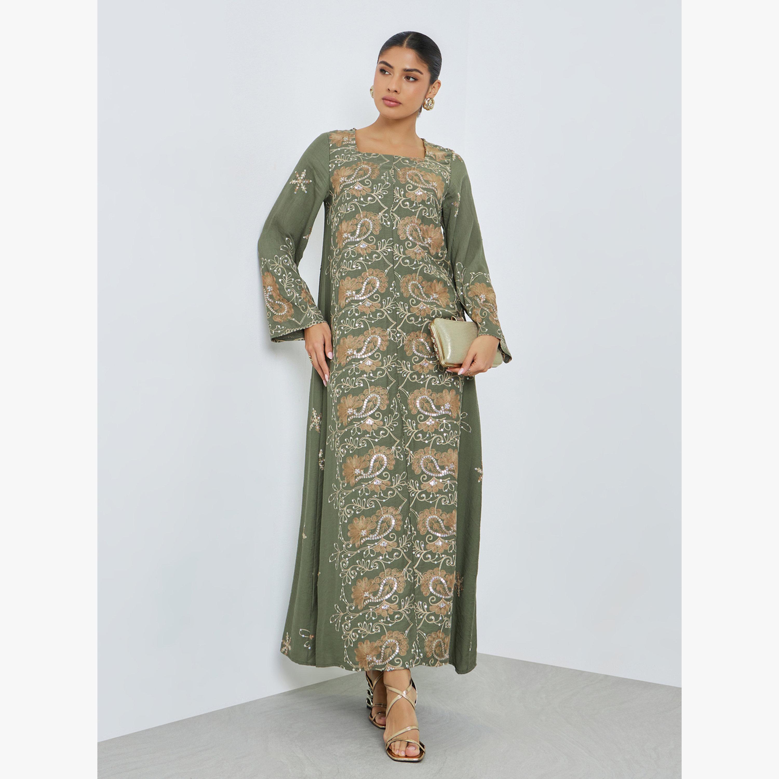 Styli Green Square Neck Embroidered Jalabiya-women-arabicclothing-jalabiyas-image-3