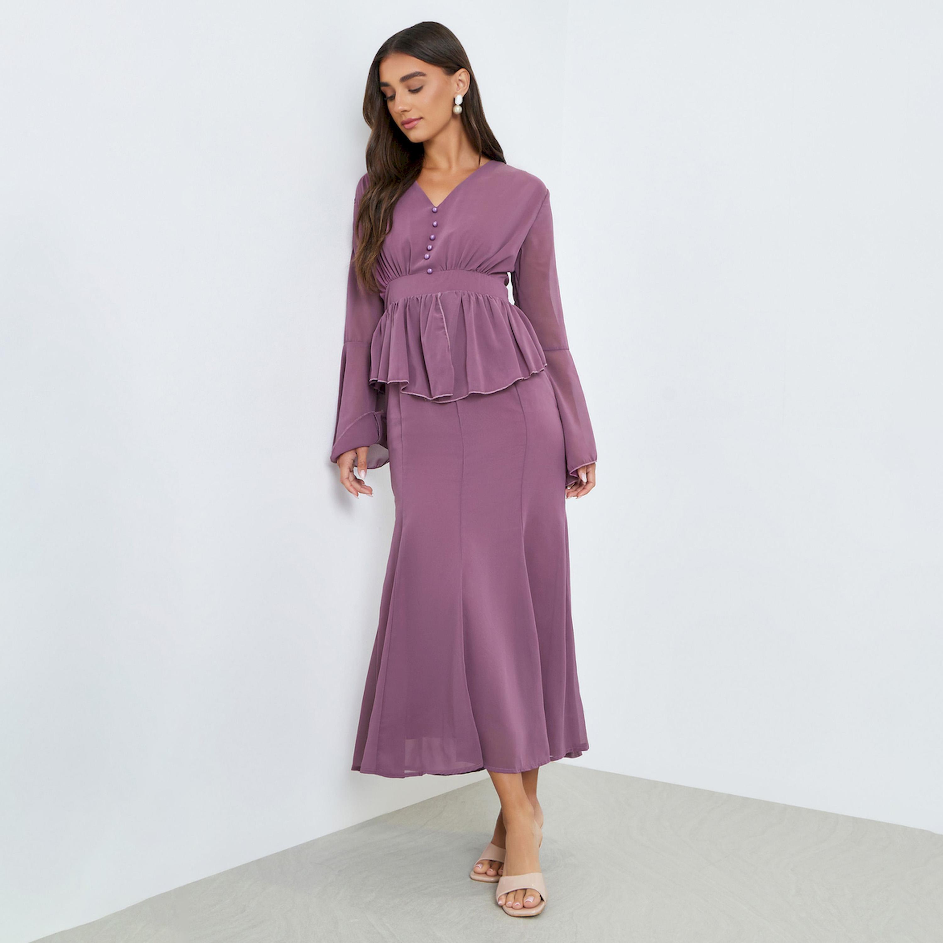 Styli Women Purple Ruffled Detail Mermaid Maxi Dress-women-clothing-dresses-image-1