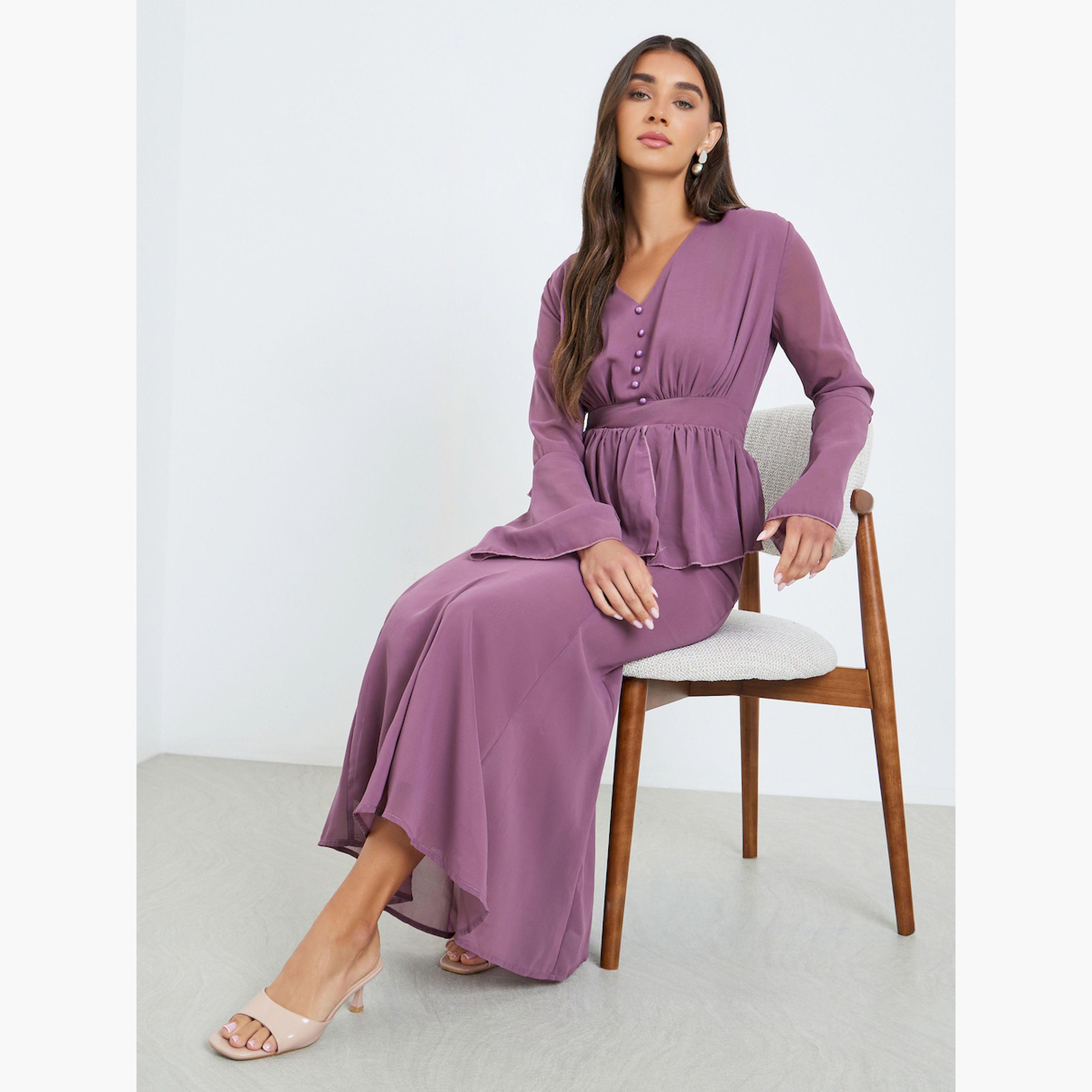 Styli Women Purple Ruffled Detail Mermaid Maxi Dress-women-clothing-dresses-image-3