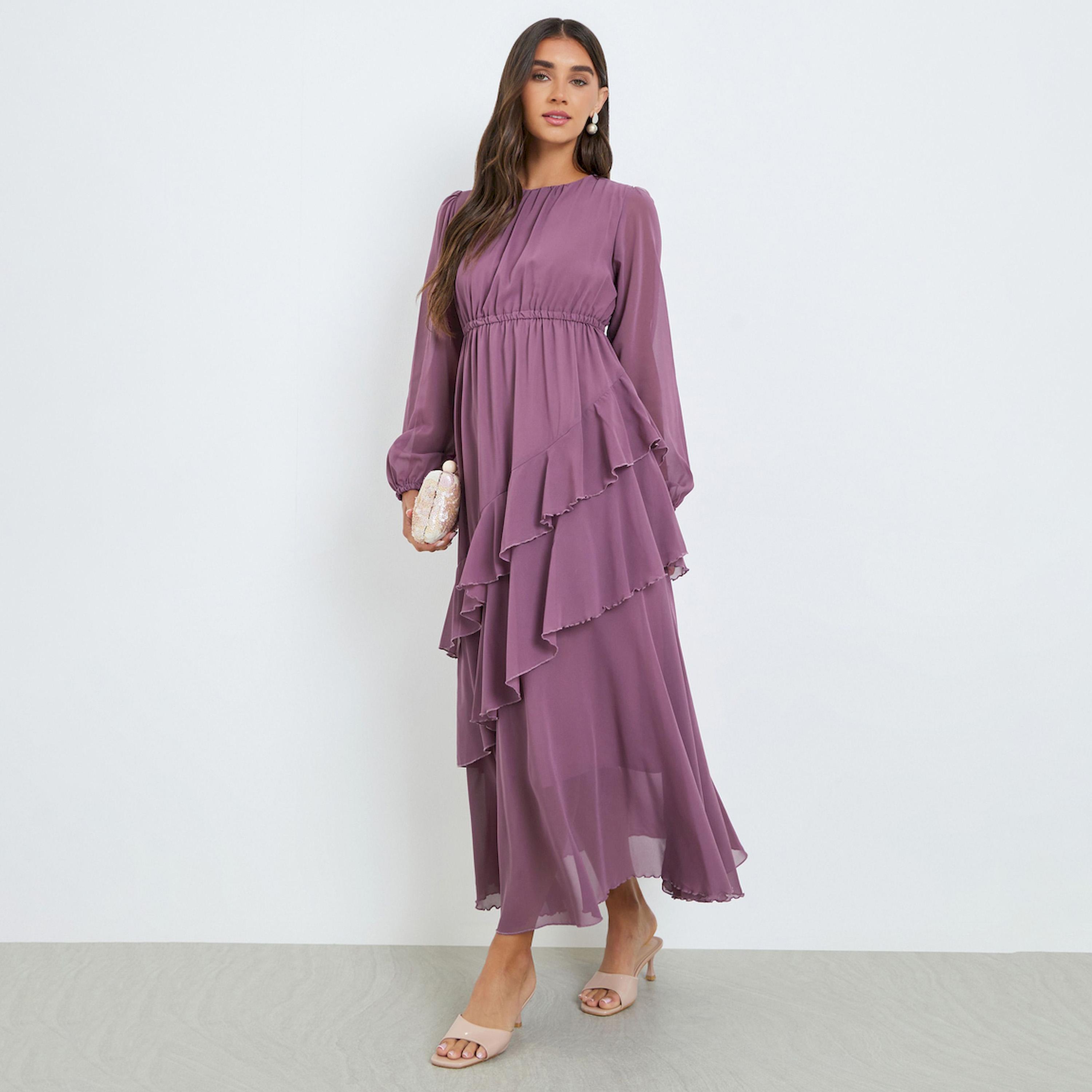 فستان طويل بأكمام بالون وكشكش-women-clothing-dresses-image-1