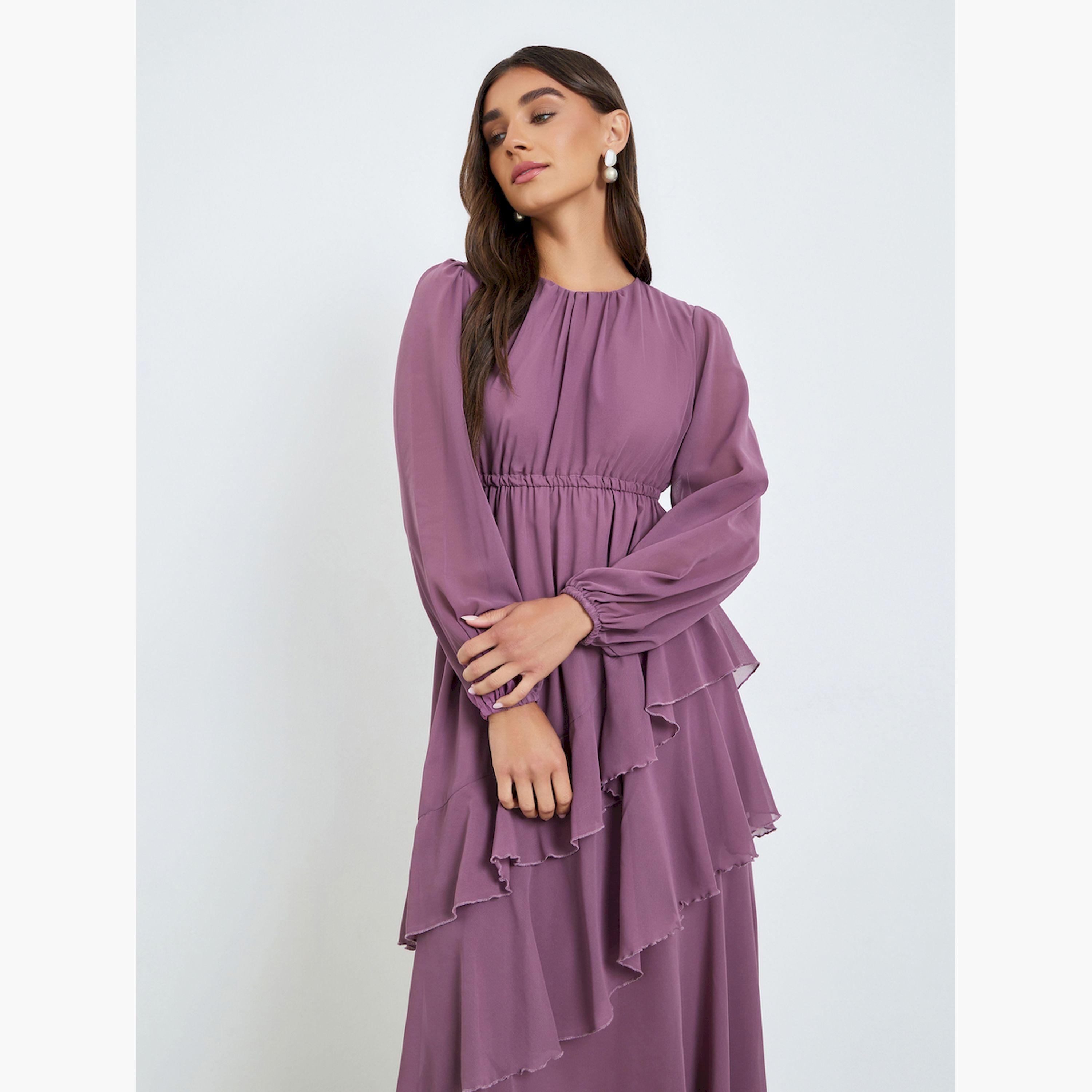 فستان طويل بأكمام بالون وكشكش-women-clothing-dresses-image-2