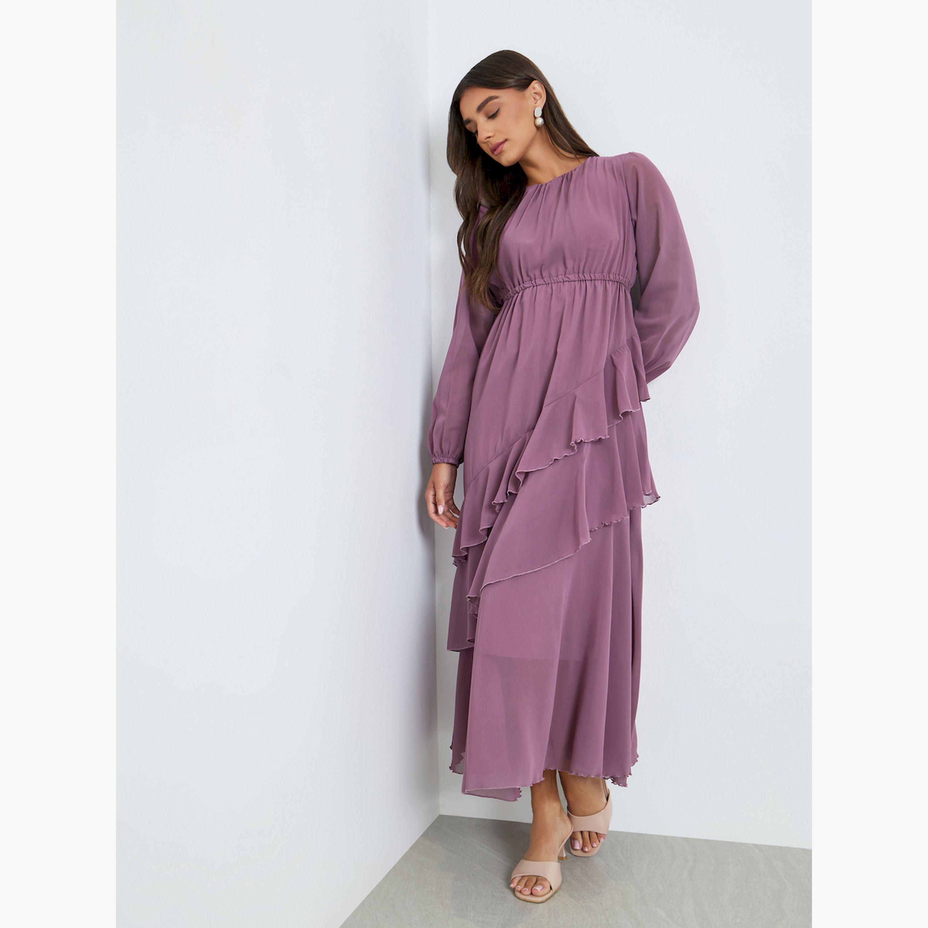 فستان طويل بأكمام بالون وكشكش-women-clothing-dresses-image-3