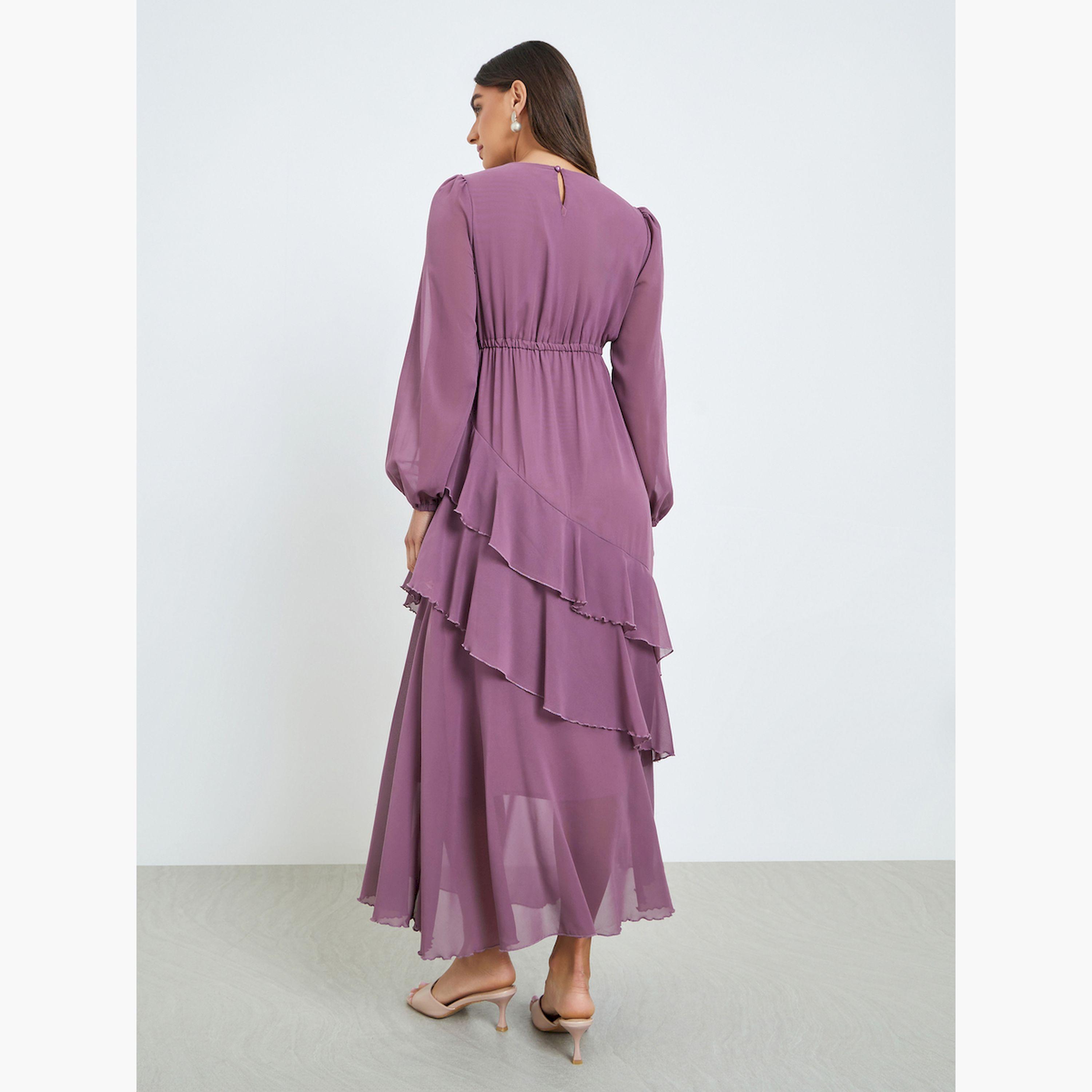 فستان طويل بأكمام بالون وكشكش-women-clothing-dresses-image-4