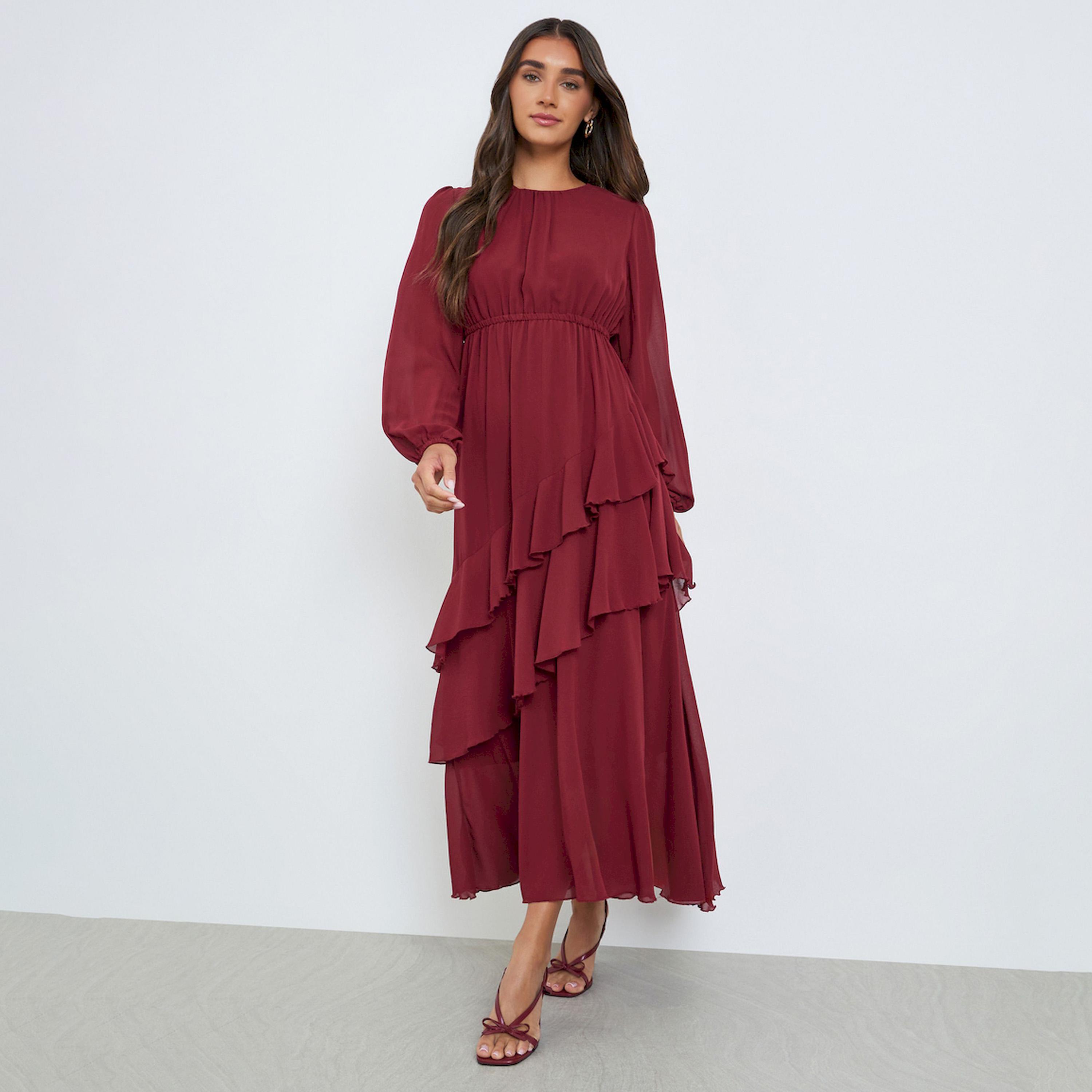 Styli Women Red Balloon Sleeve Ruffled Detail Maxi Dress-women-clothing-dresses-image-1