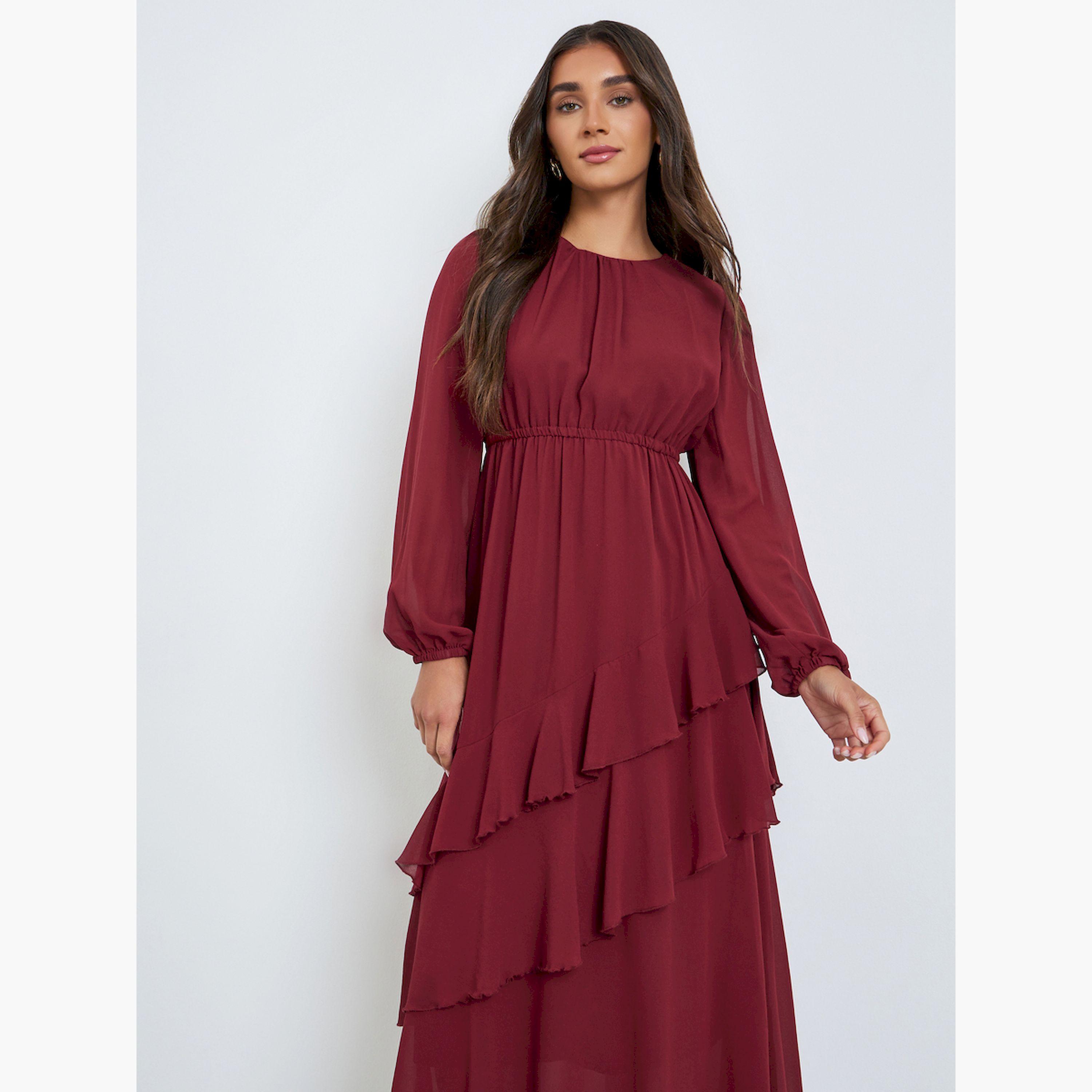Styli Women Red Balloon Sleeve Ruffled Detail Maxi Dress-women-clothing-dresses-image-2