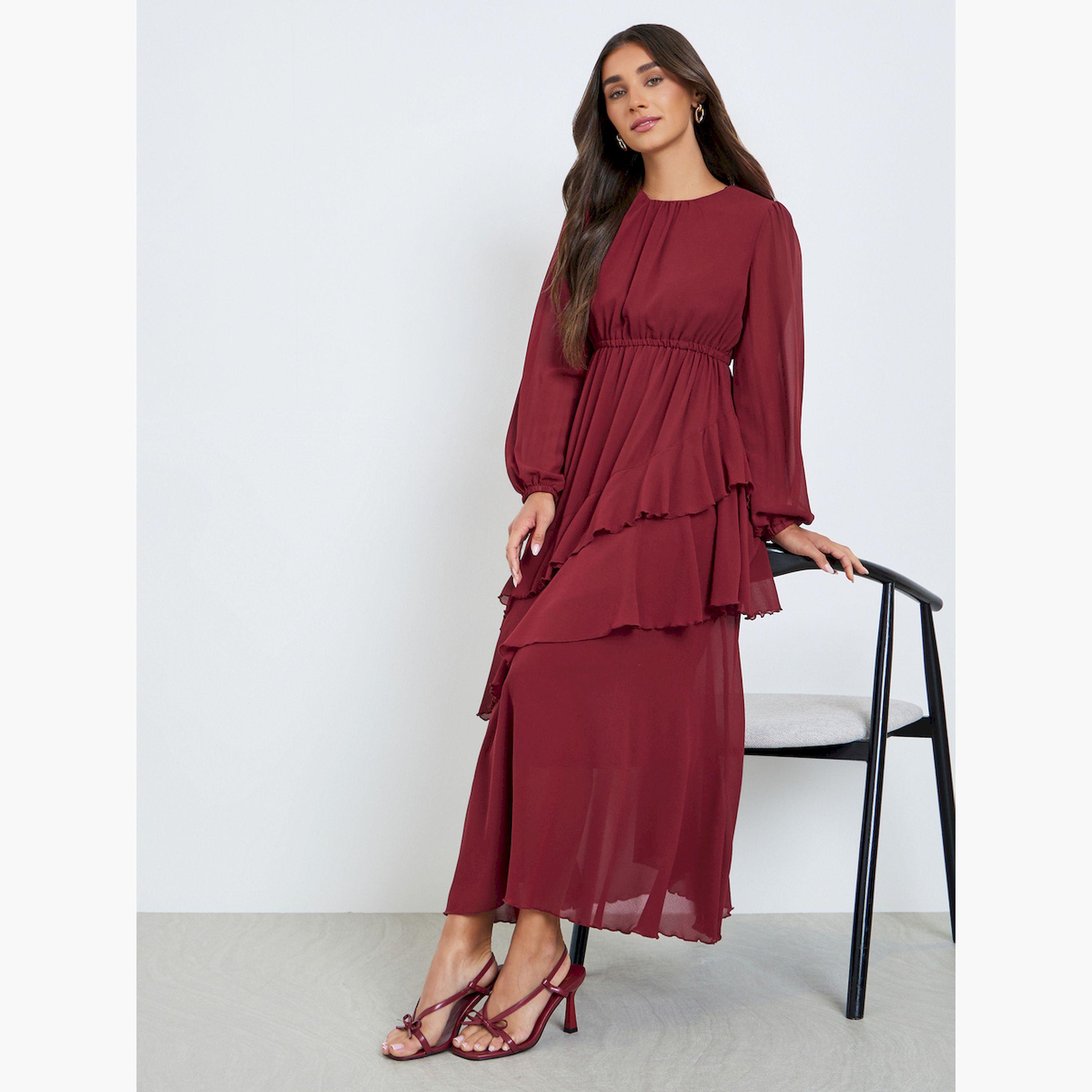 Styli Women Red Balloon Sleeve Ruffled Detail Maxi Dress-women-clothing-dresses-image-3