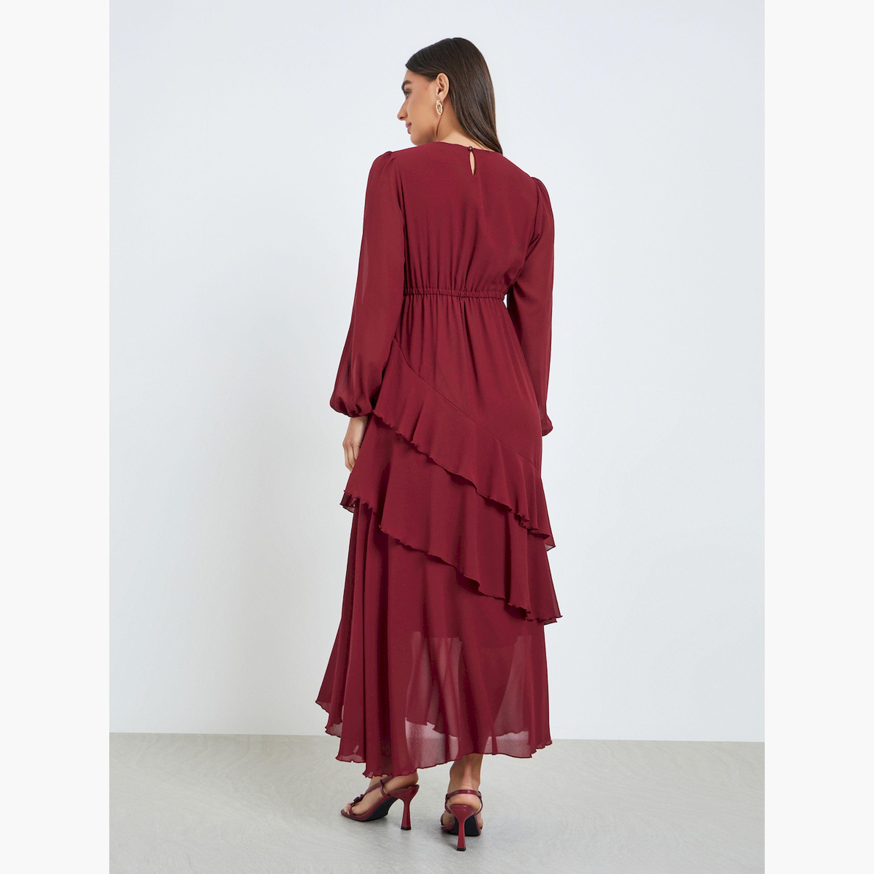 Styli Women Red Balloon Sleeve Ruffled Detail Maxi Dress-women-clothing-dresses-image-4