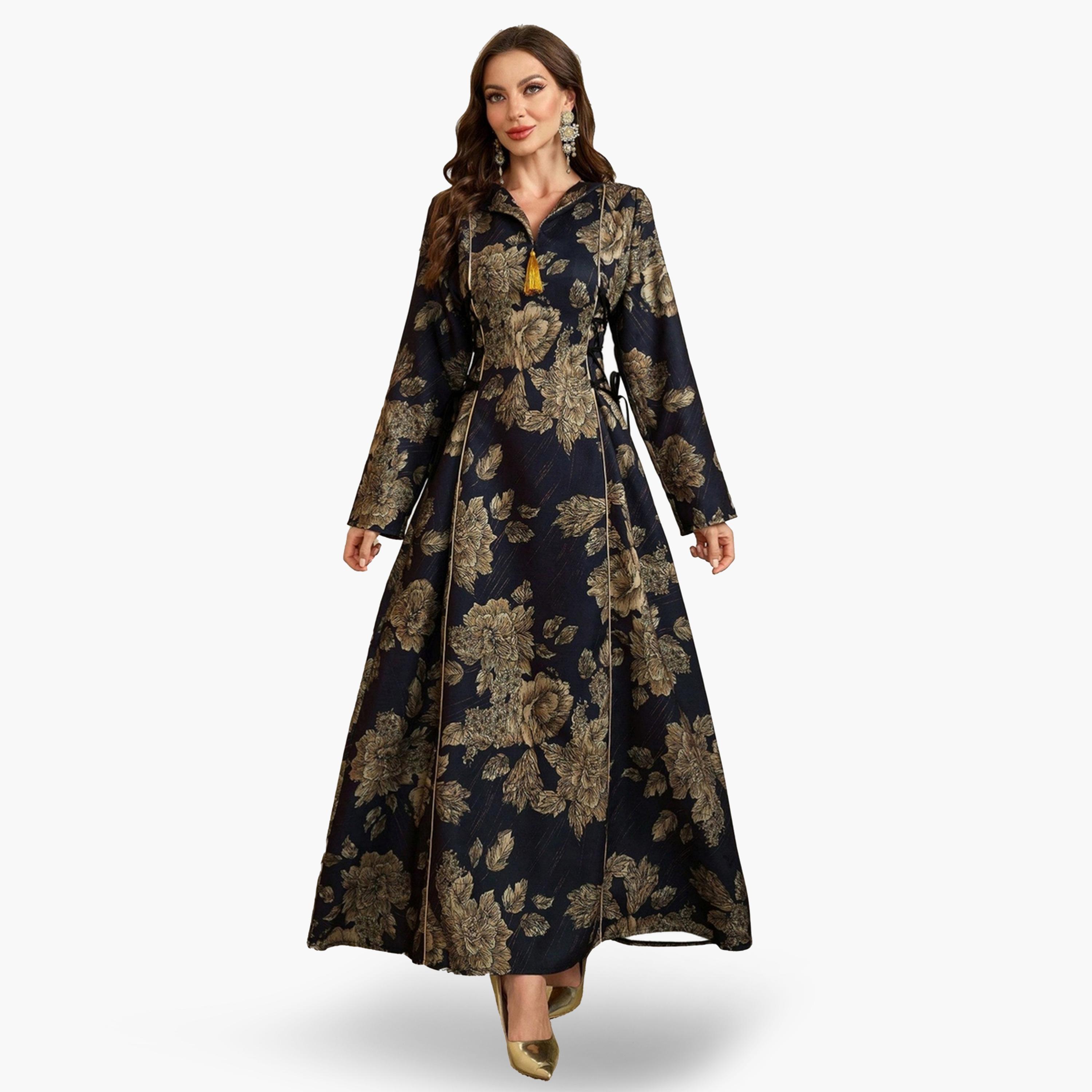 جلابية بطبعة زهور وأربطة جانبية-women-arabicclothing-jalabiyas-image-1