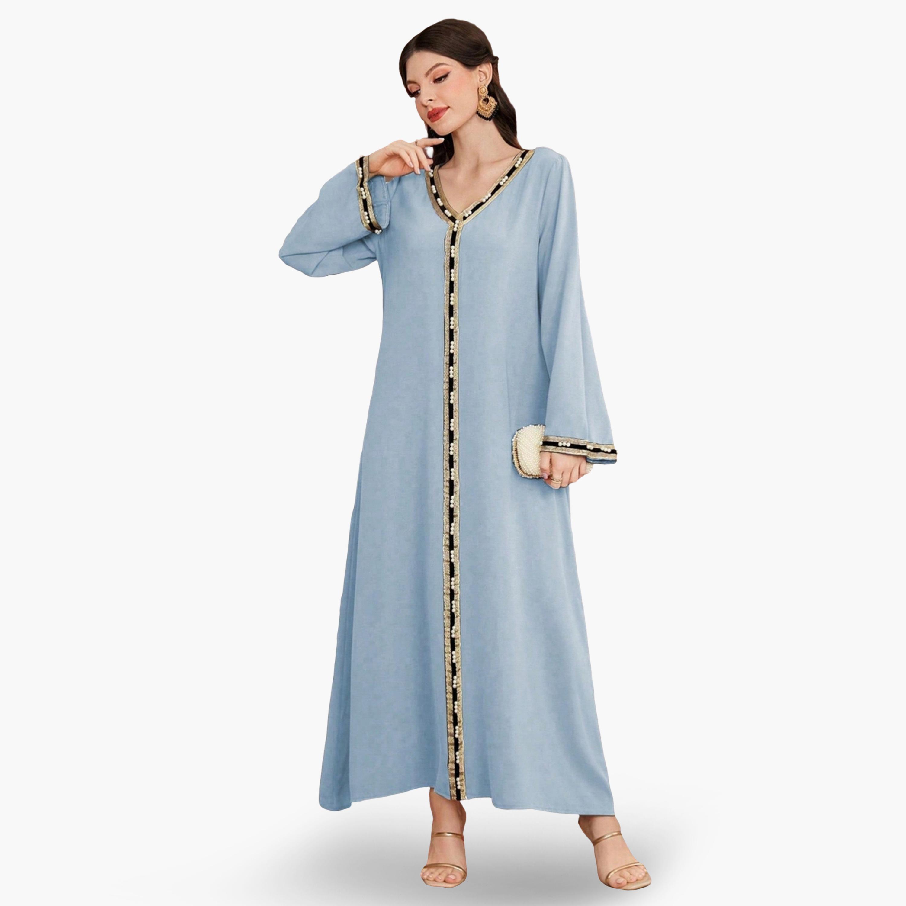 Take Two Women Faux Pearl Embellished V Neck Jalabiya-women-arabicclothing-jalabiyas-image-1