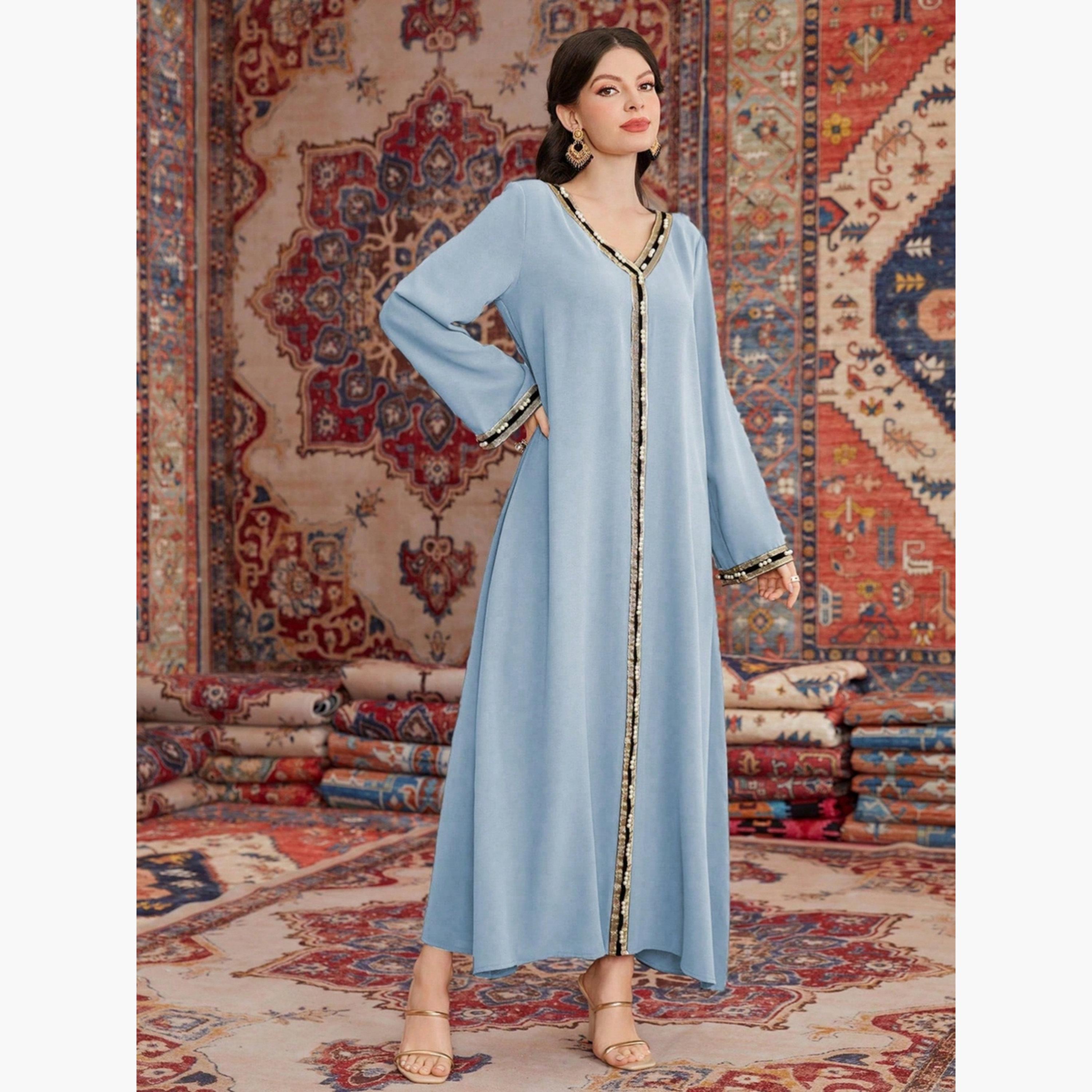 Take Two Women Faux Pearl Embellished V Neck Jalabiya-women-arabicclothing-jalabiyas-image-3
