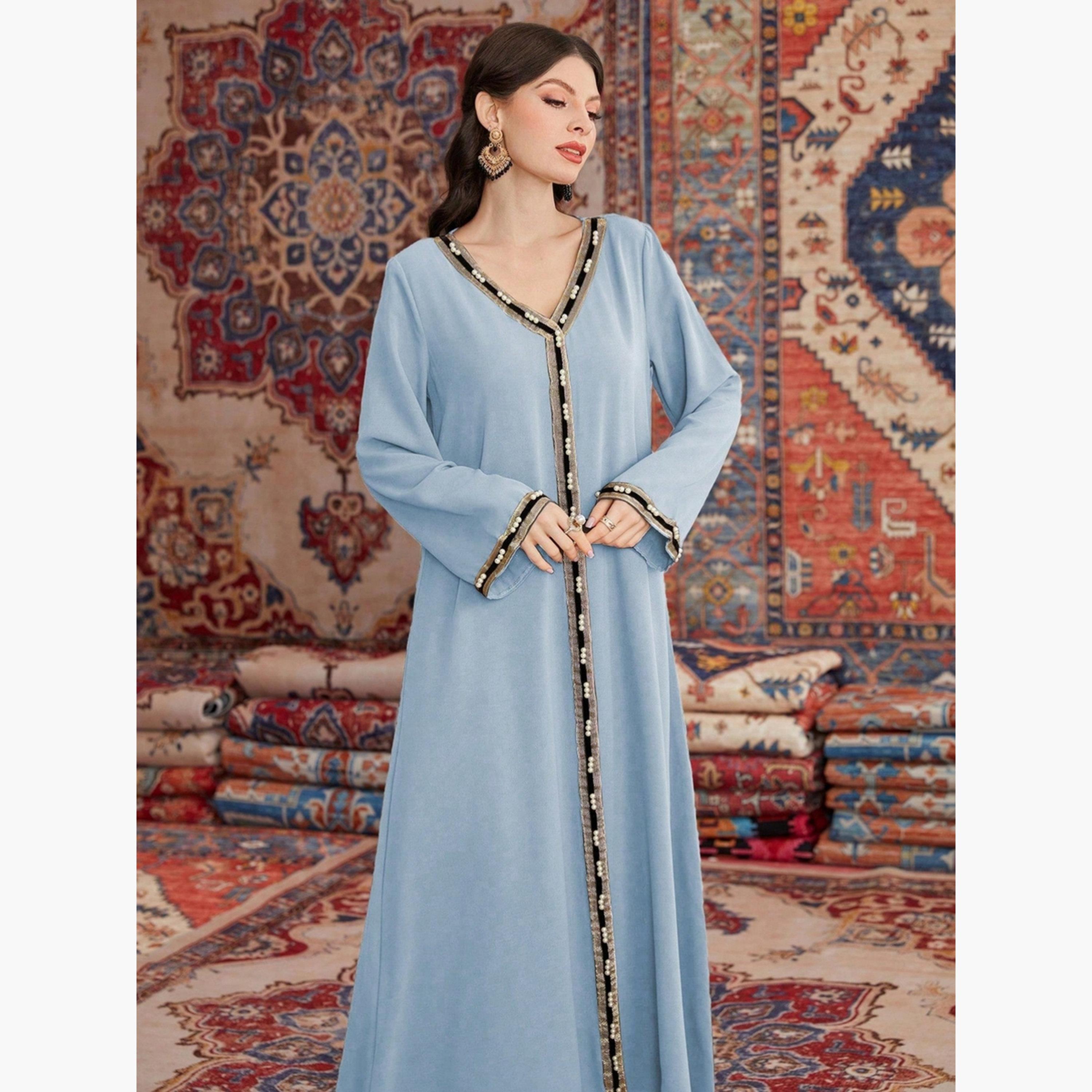 Take Two Women Faux Pearl Embellished V Neck Jalabiya-women-arabicclothing-jalabiyas-image-4