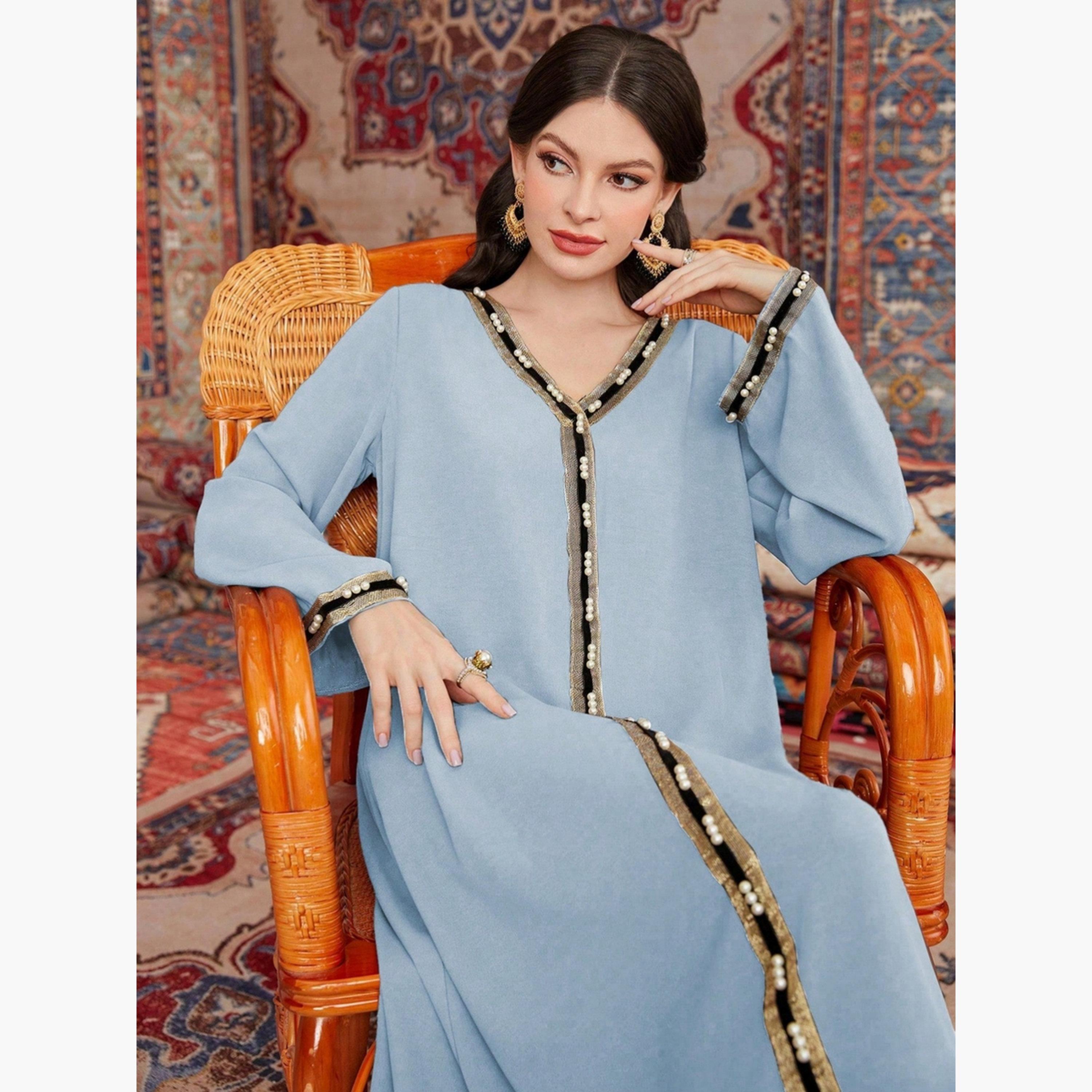 Take Two Women Faux Pearl Embellished V Neck Jalabiya-women-arabicclothing-jalabiyas-image-5