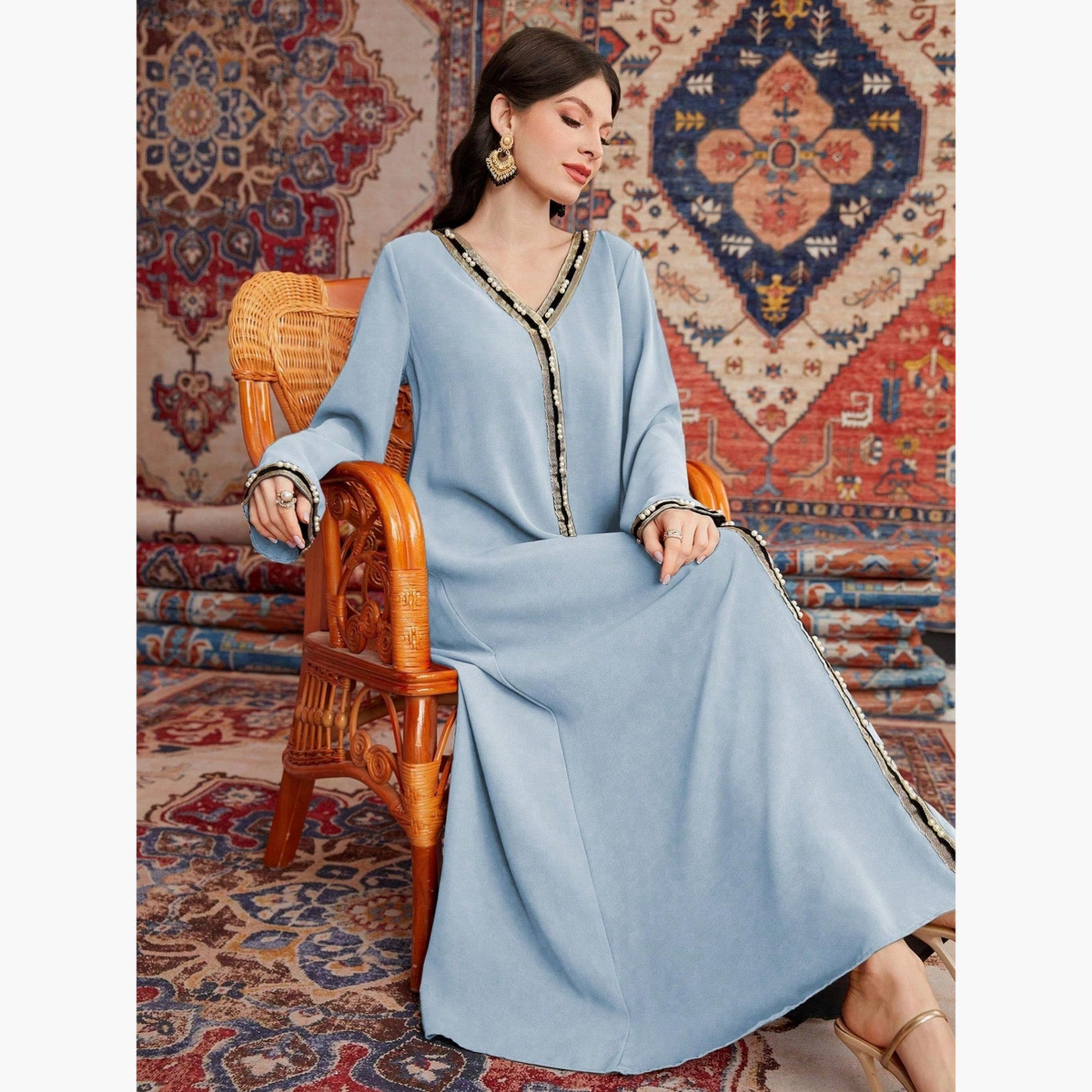 Take Two Women Faux Pearl Embellished V Neck Jalabiya-women-arabicclothing-jalabiyas-image-6