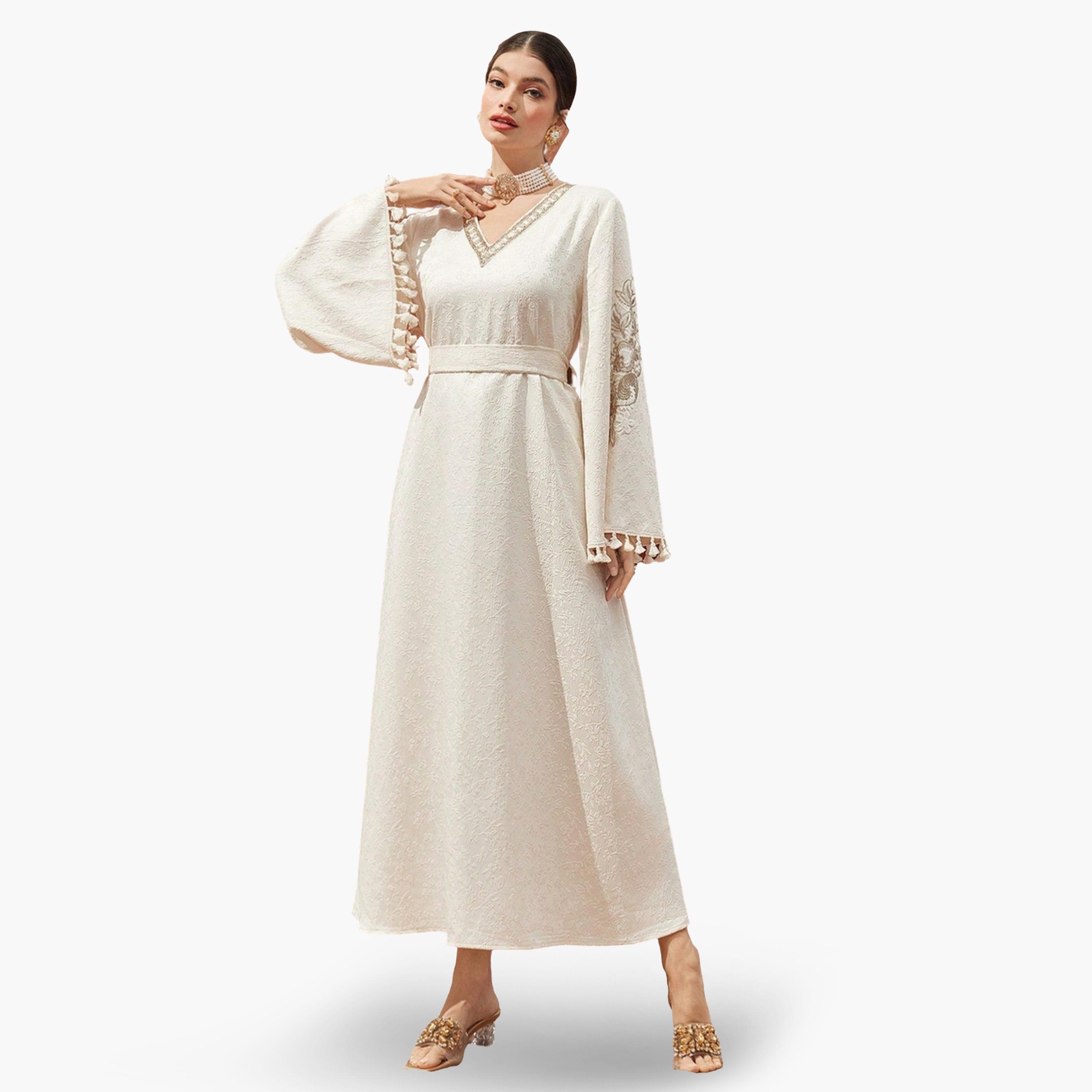 Take Two Women Jacquard Jalabiya with Tassel Trim-women-arabicclothing-jalabiyas-image-1