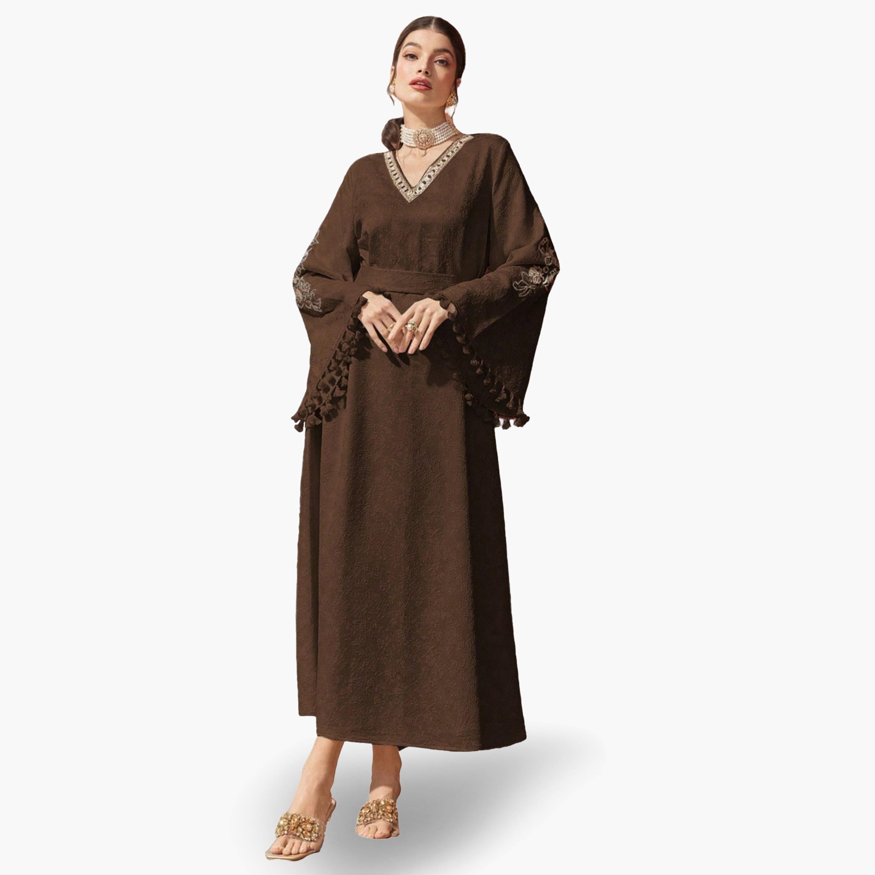 Take Two Women Jacquard Jalabiya with Tassel Trim-women-arabicclothing-jalabiyas-image-1