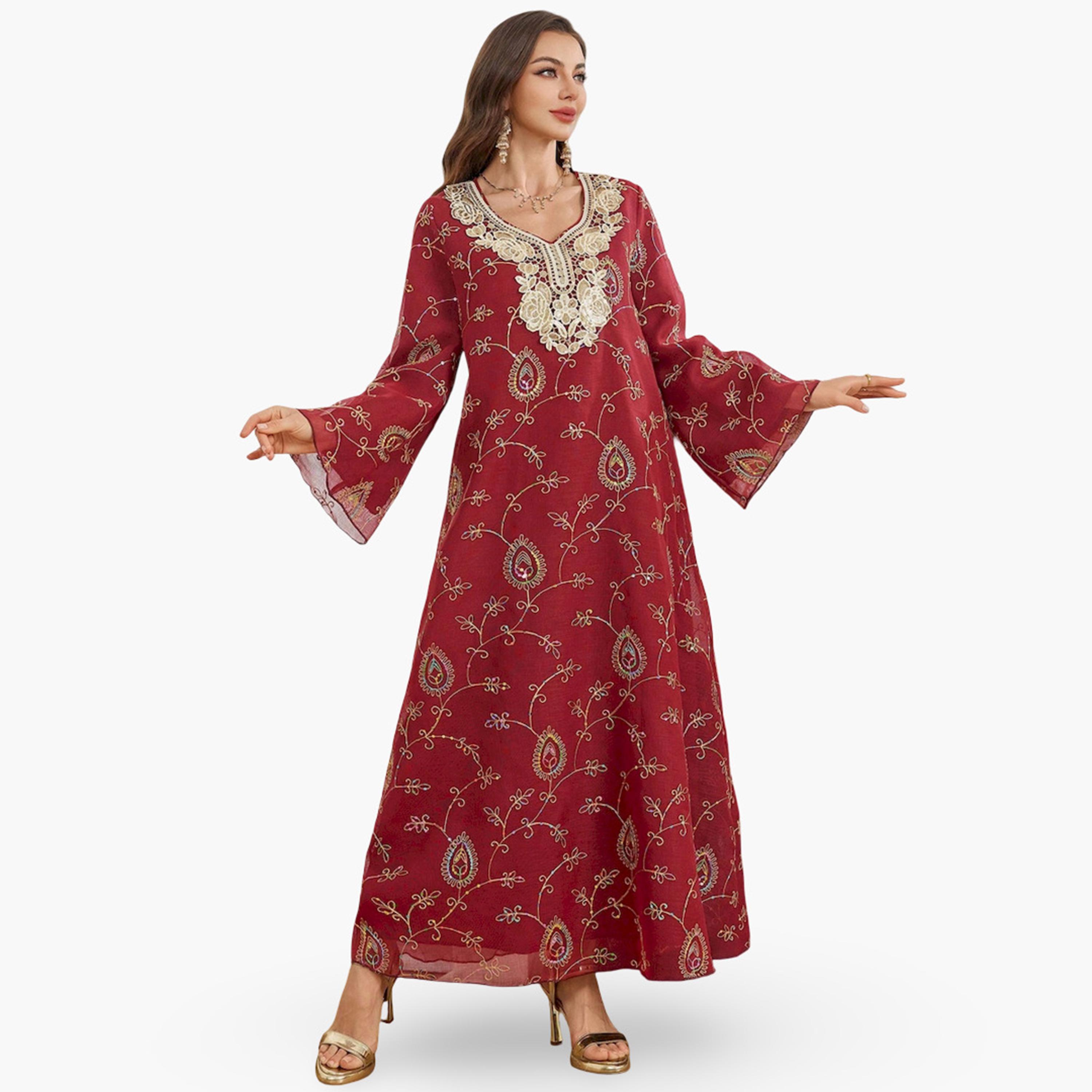 Take Two Burgundy Rhinestone Embellished A-Line Jalabiya-women-arabicclothing-jalabiyas-image-1