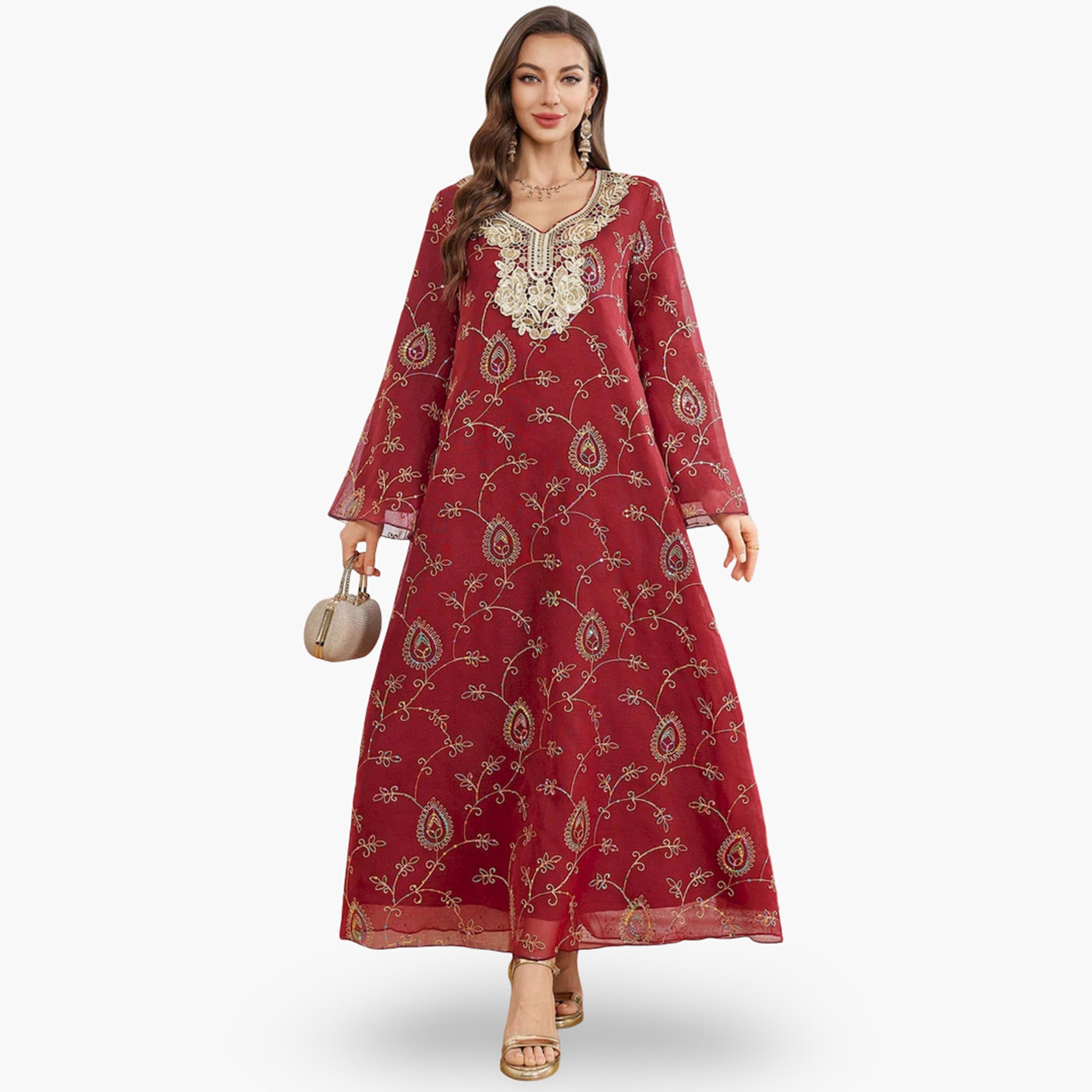 Take Two Burgundy Rhinestone Embellished A-Line Jalabiya-women-arabicclothing-jalabiyas-image-3