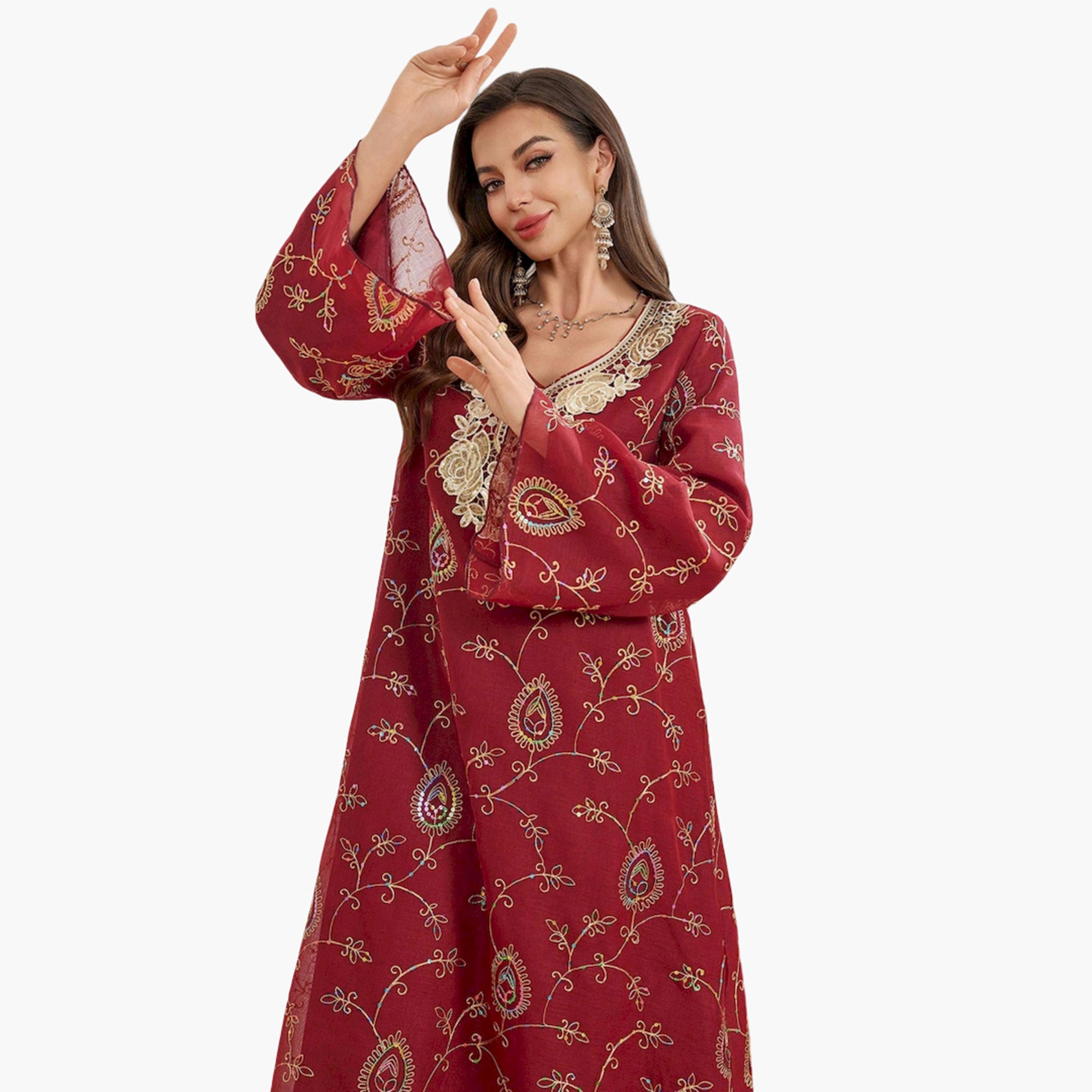 Take Two Burgundy Rhinestone Embellished A-Line Jalabiya-women-arabicclothing-jalabiyas-image-4