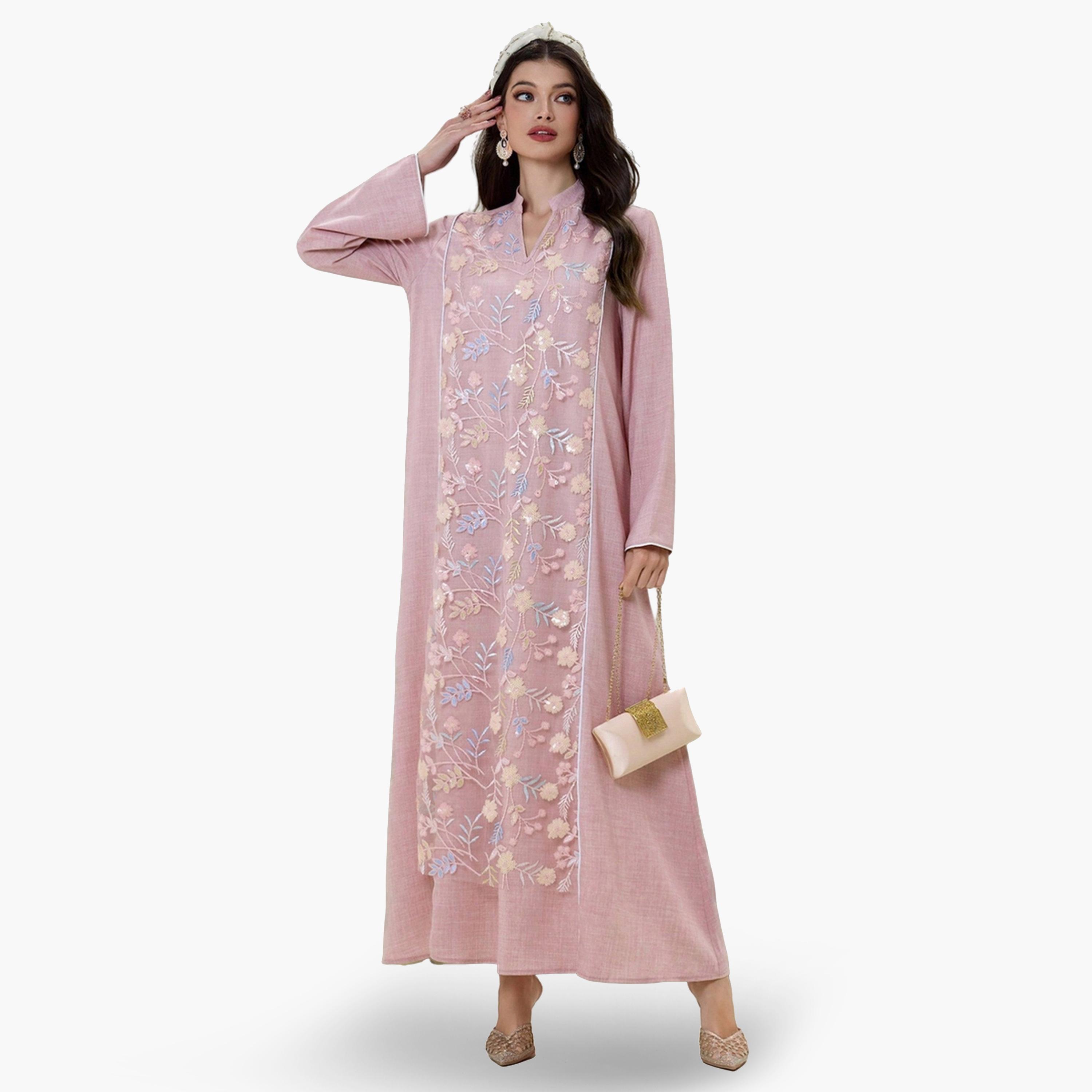 جلابية بياقة مفتوحة ورقعة زهور بترتر-women-arabicclothing-jalabiyas-image-1
