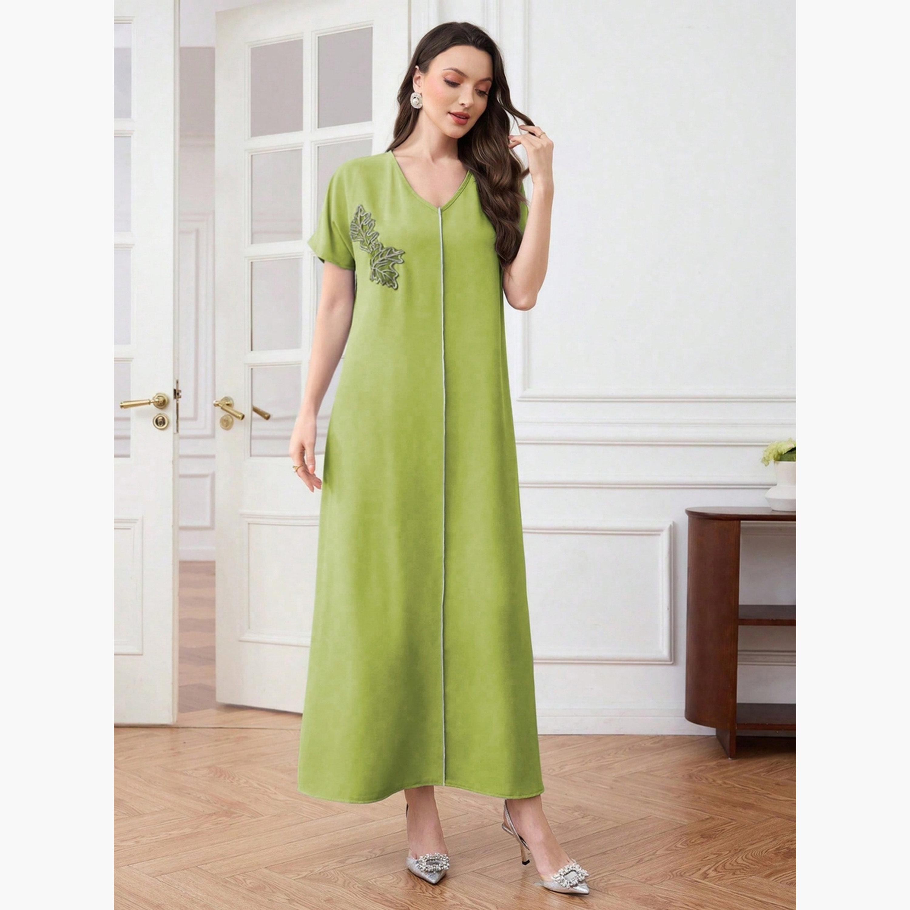 فستان طويل بتفاصيل رقعة أوراق شجر-women-clothing-dresses-image-2