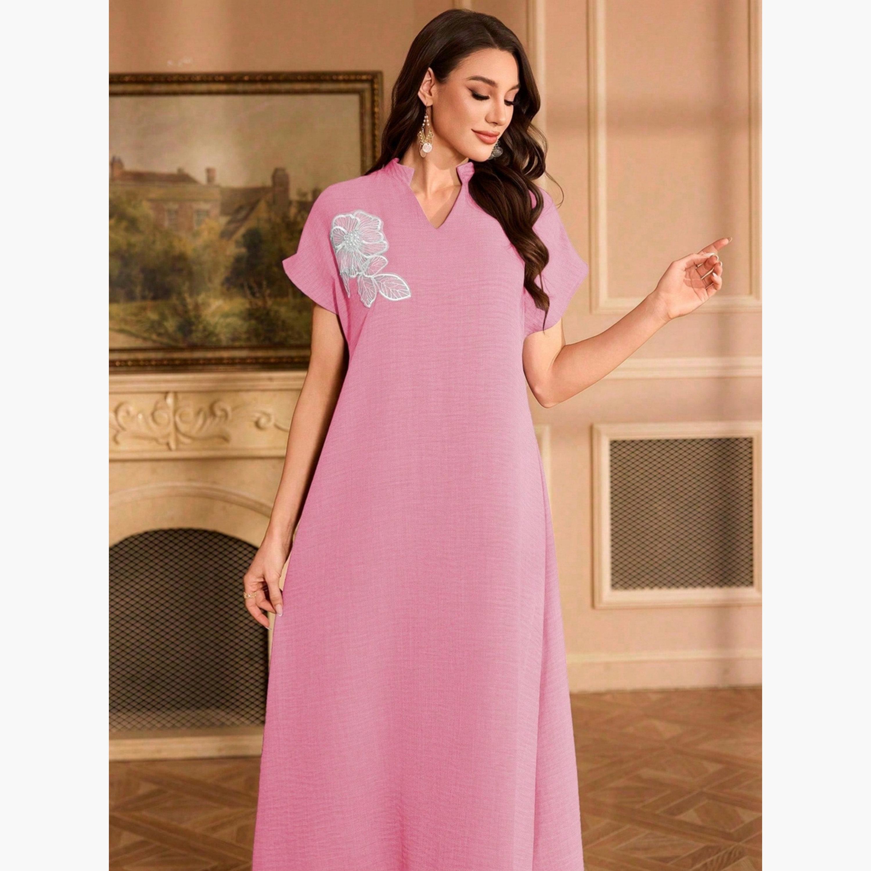 Take Two Women Floral Patch Detail Open Collar Maxi Dress-women-clothing-dresses-image-2
