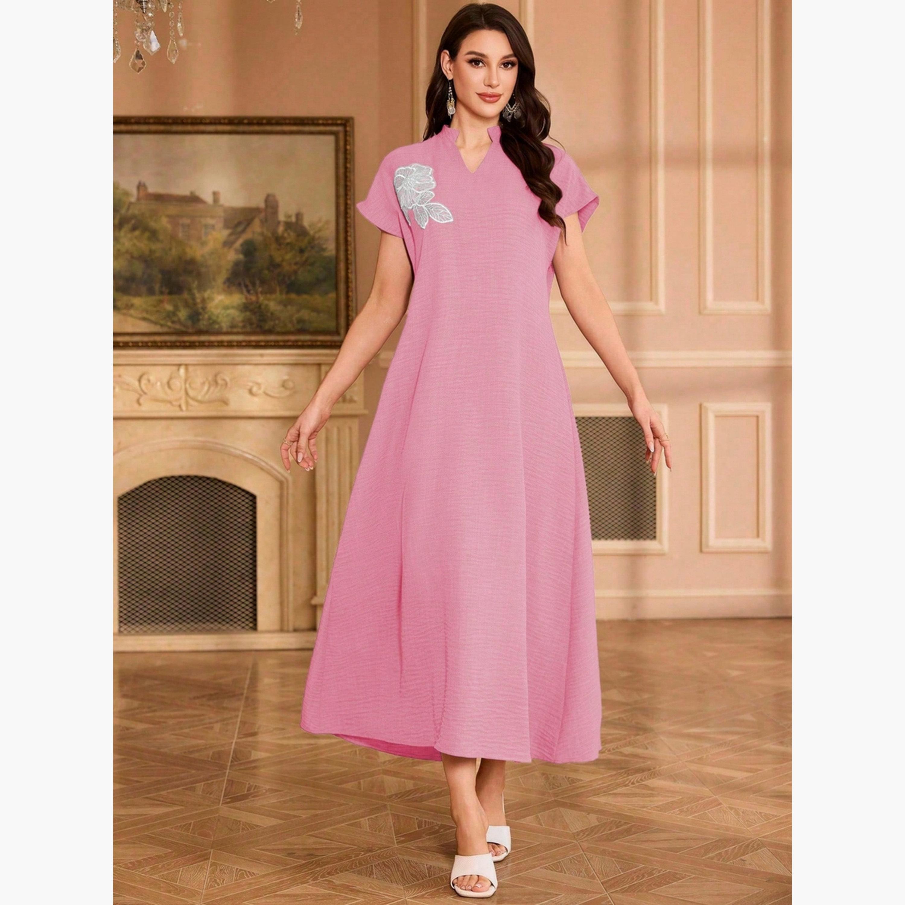 Take Two Women Floral Patch Detail Open Collar Maxi Dress-women-clothing-dresses-image-4