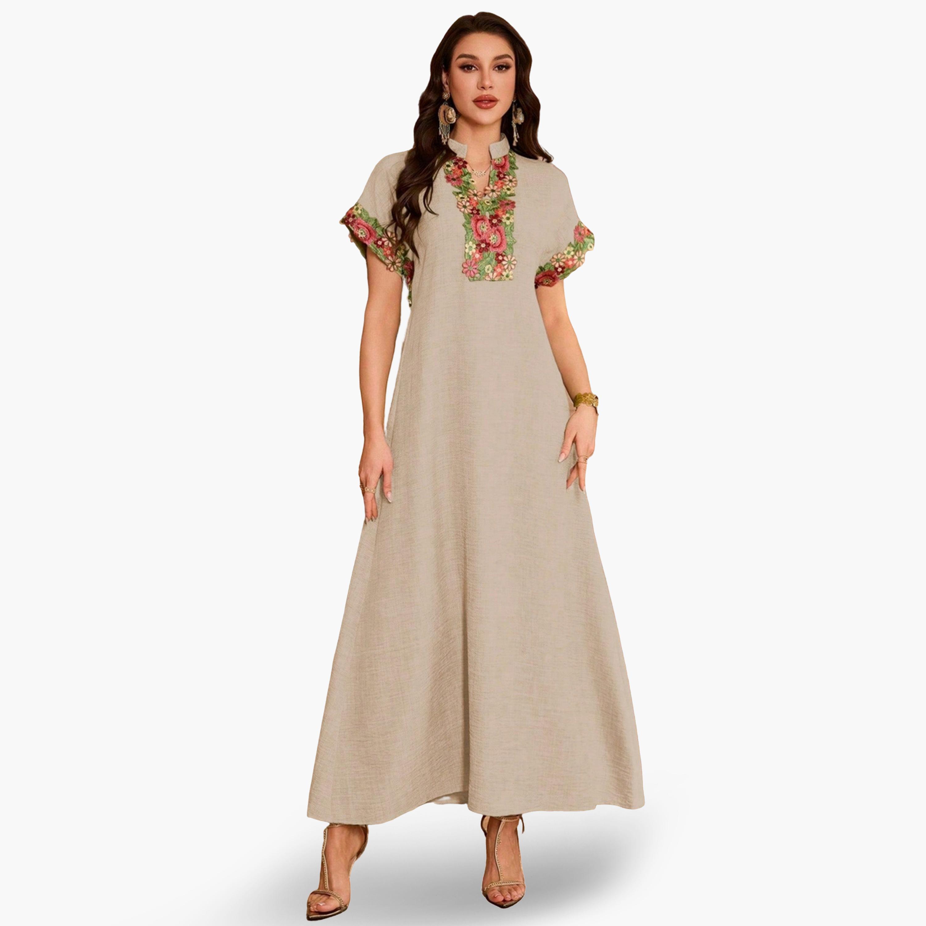 Take Two Women Floral Patch Detail Open Collar Jalabiya-women-arabicclothing-jalabiyas-image-1