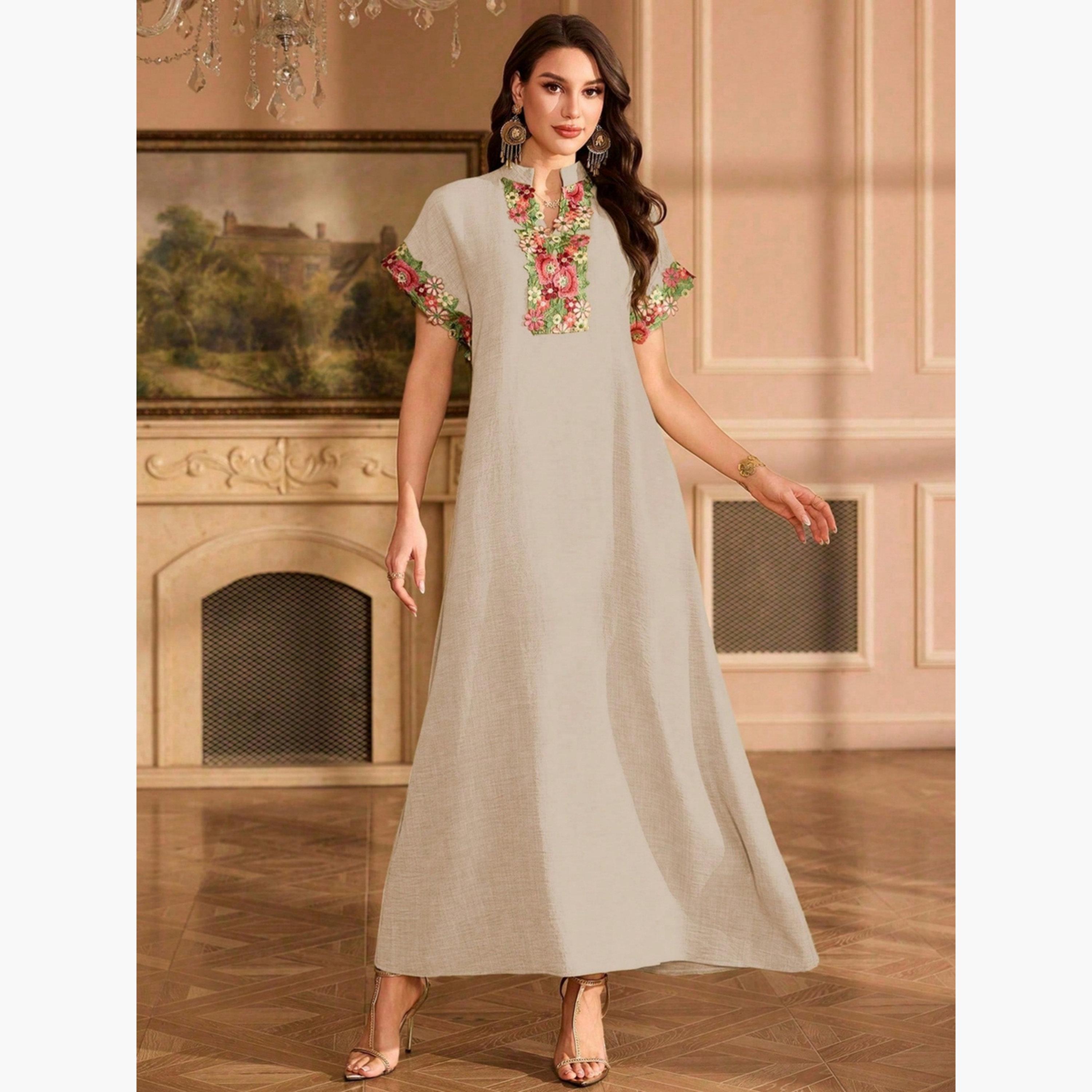 جلابية بياقة مفتوحة وتفاصيل رقعة زهور-women-arabicclothing-jalabiyas-image-4
