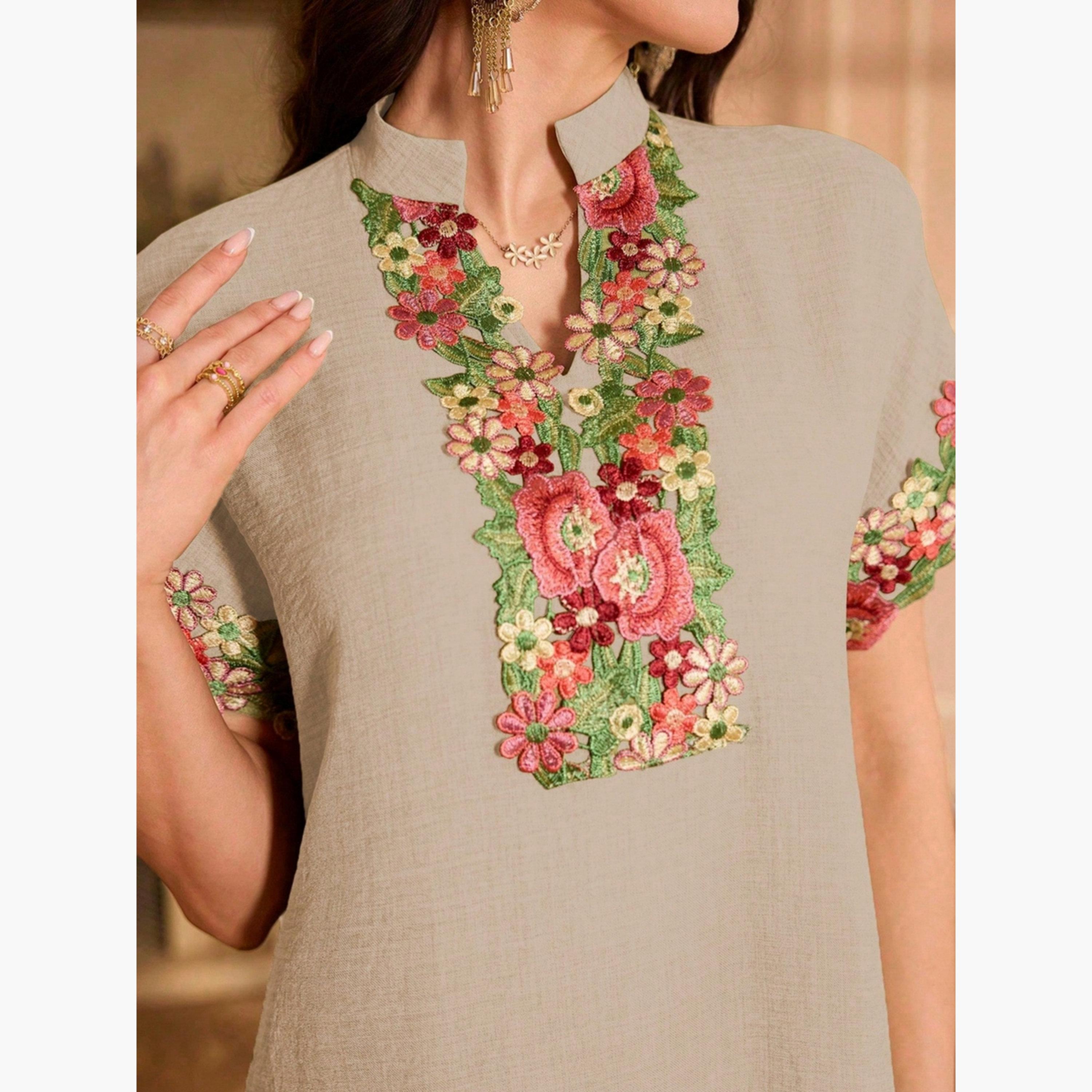 Take Two Women Floral Patch Detail Open Collar Jalabiya-women-arabicclothing-jalabiyas-image-6