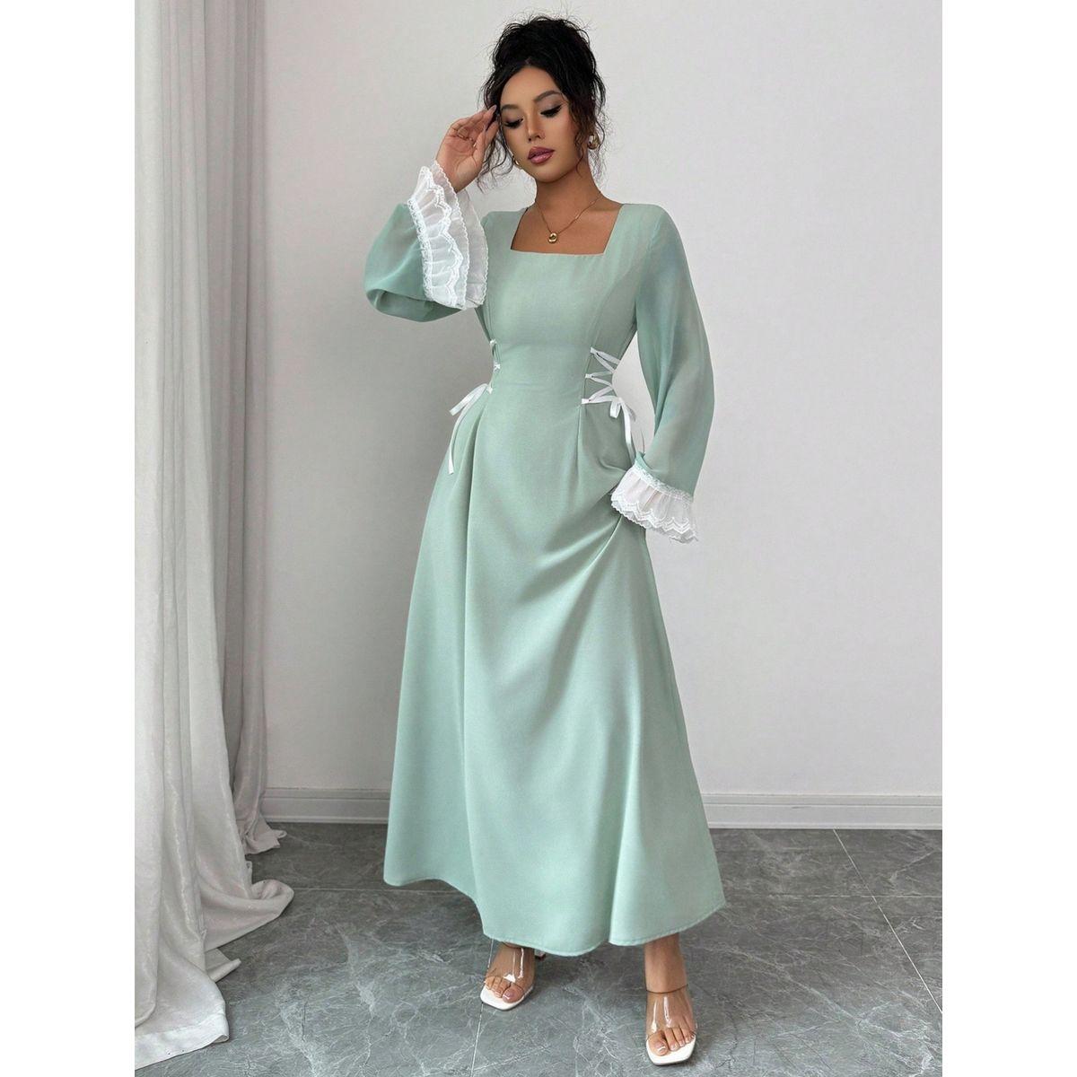 فستان طويل بياقة مربعة وأربطة خصر-women-clothing-dresses-image-1