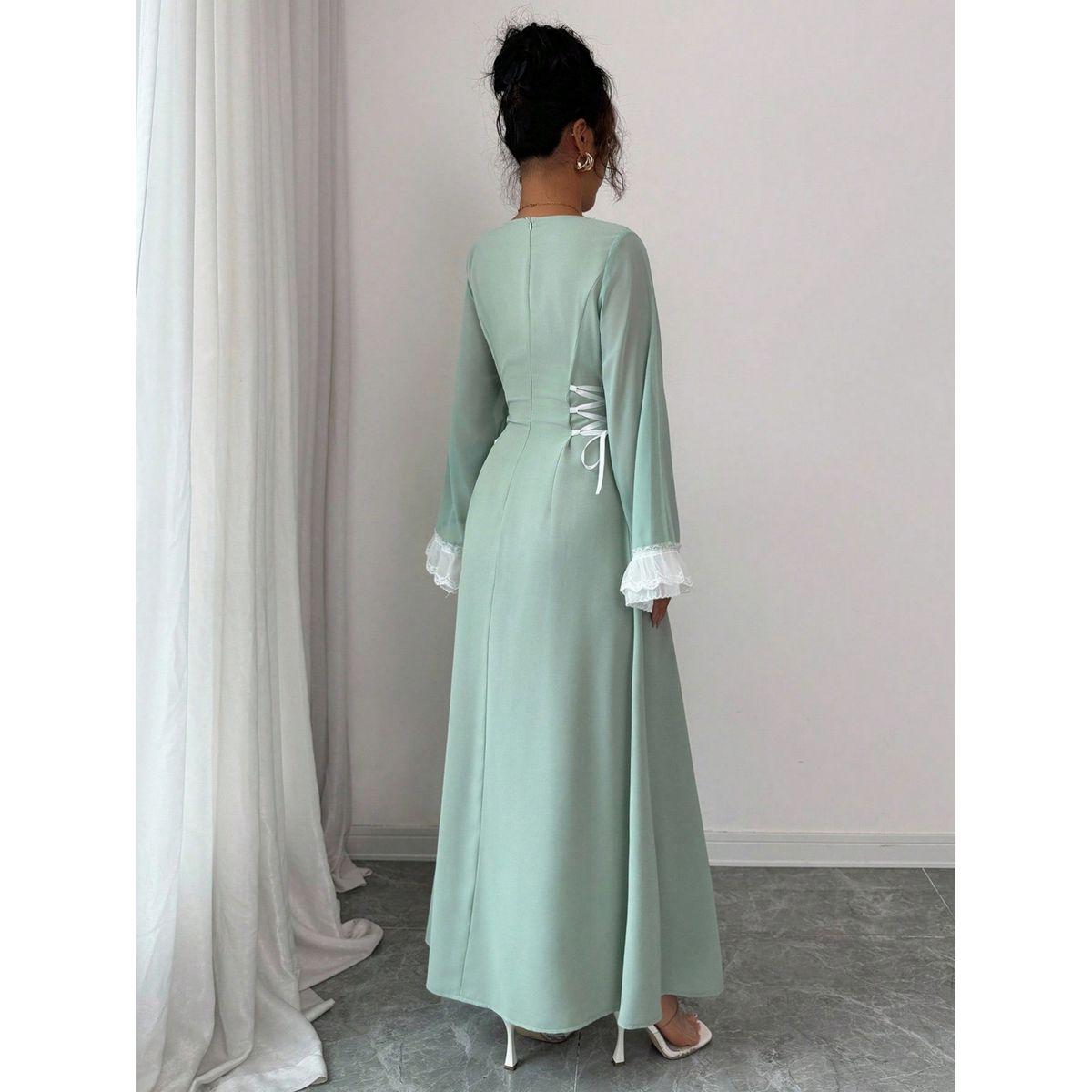 فستان طويل بياقة مربعة وأربطة خصر-women-clothing-dresses-image-2