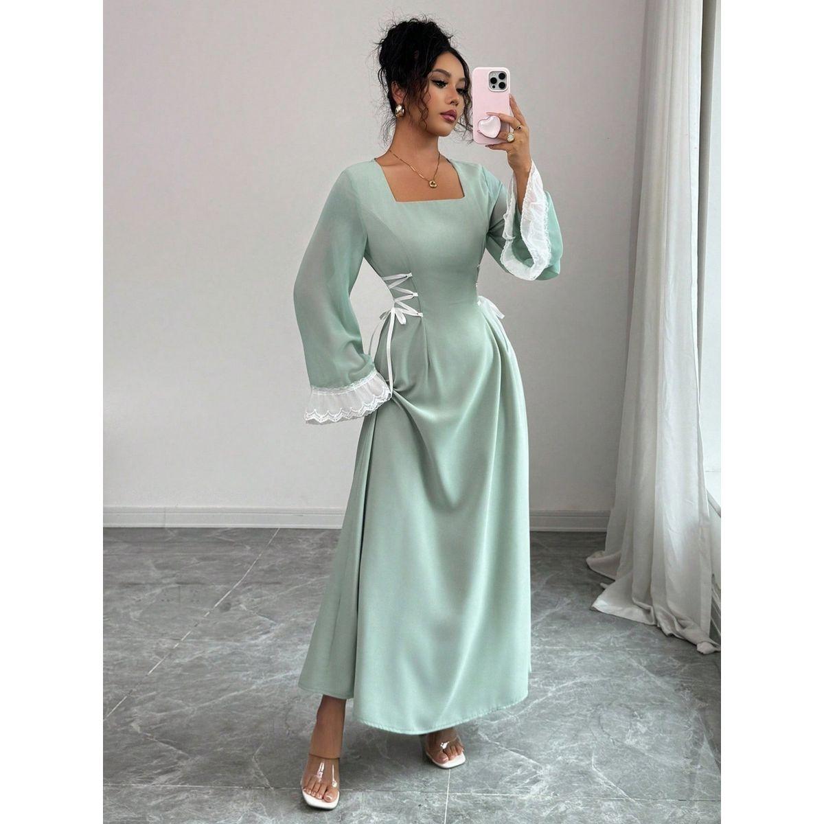 فستان طويل بياقة مربعة وأربطة خصر-women-clothing-dresses-image-4
