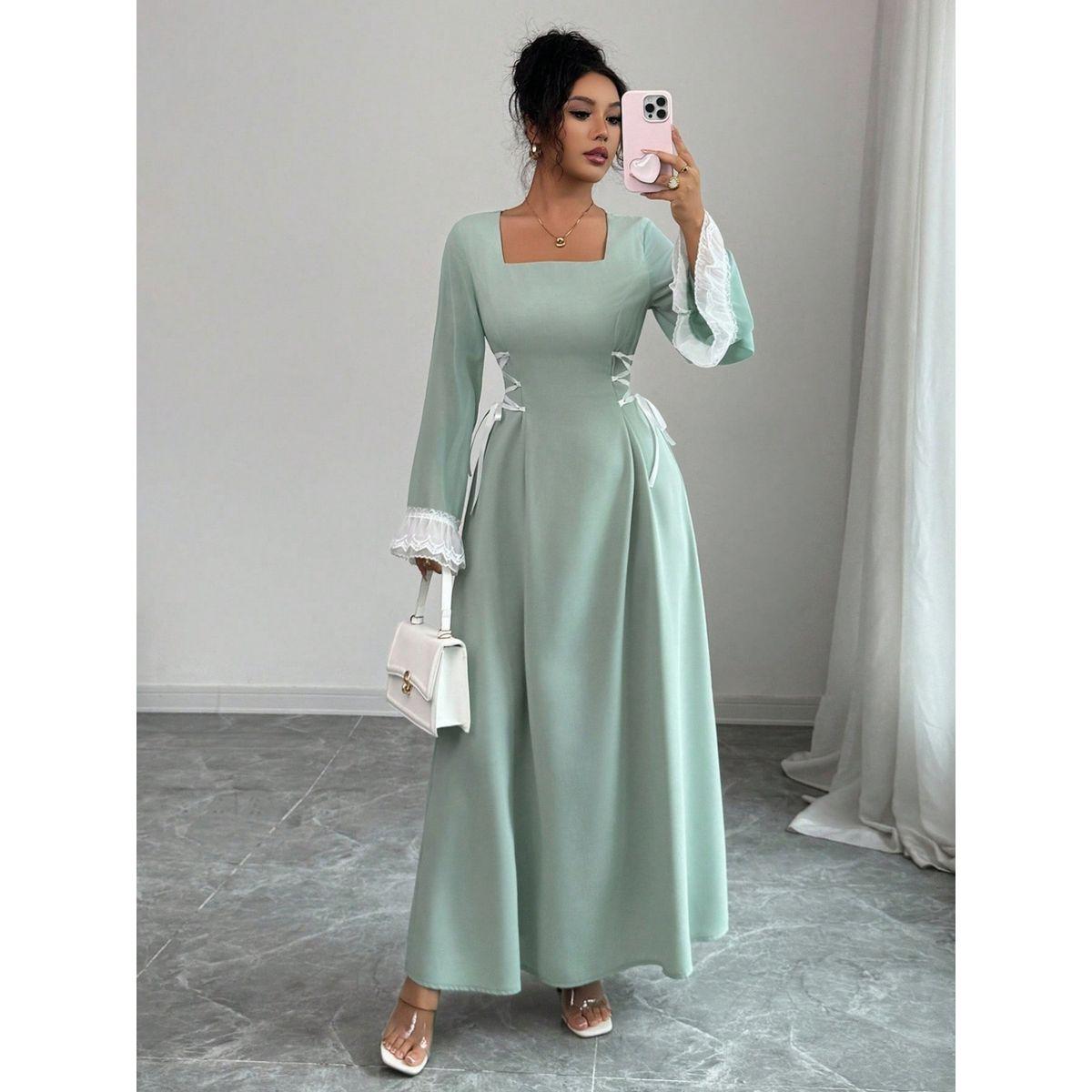 فستان طويل بياقة مربعة وأربطة خصر-women-clothing-dresses-image-5