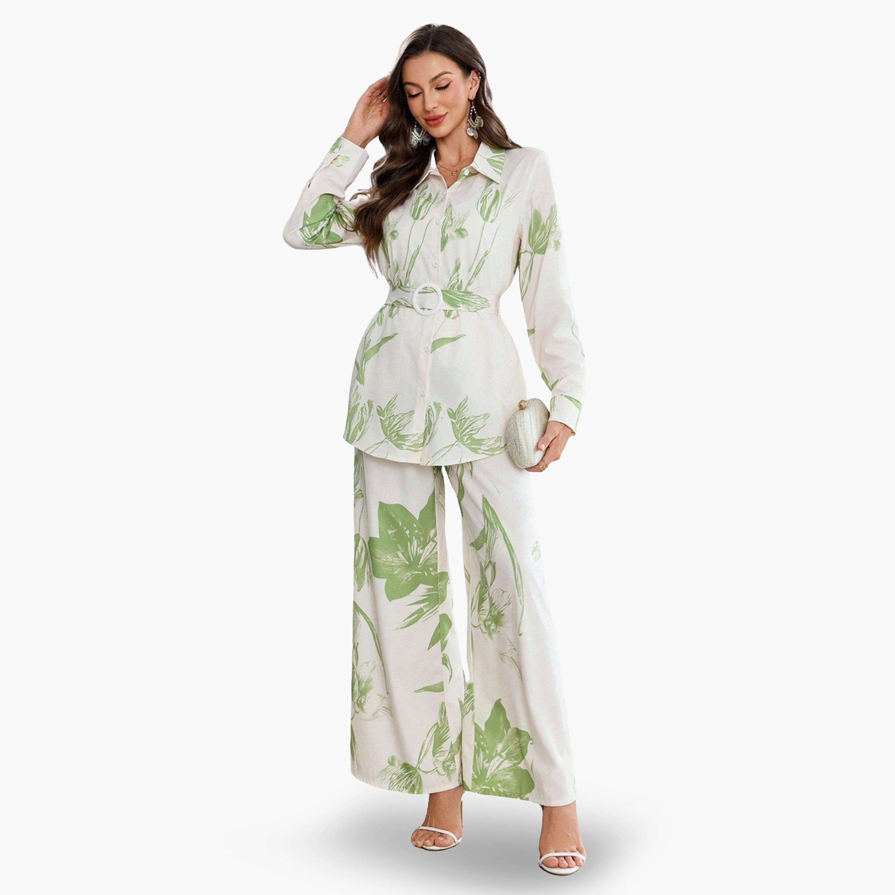 Take Two Women Floral Printed Belted Shirt and Pants Co-Ords-women-clothing-coordsets-image-1