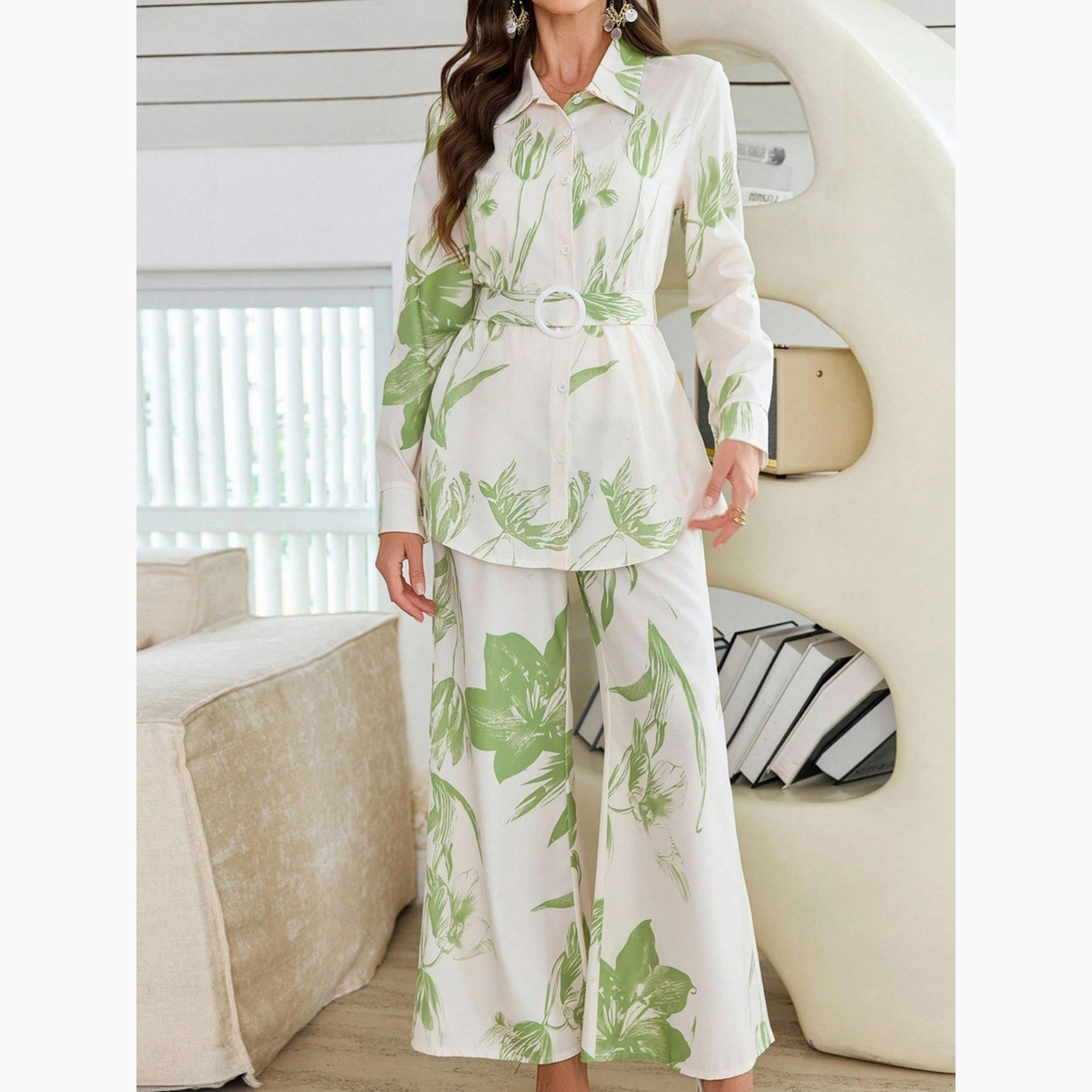 طقم قميص بحزام مطبوع بالزهور وبنطلون-women-clothing-coordsets-image-5