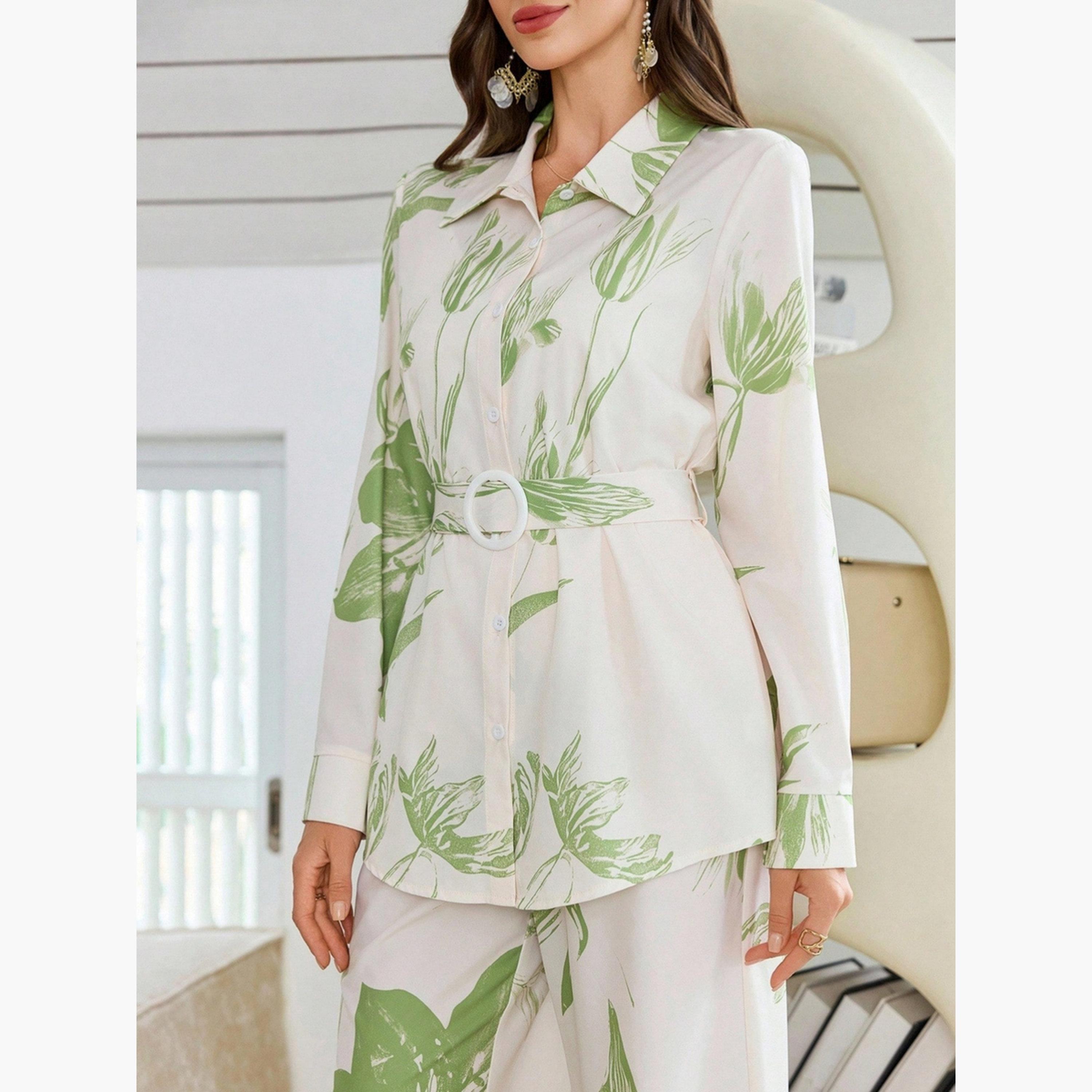 طقم قميص بحزام مطبوع بالزهور وبنطلون-women-clothing-coordsets-image-6
