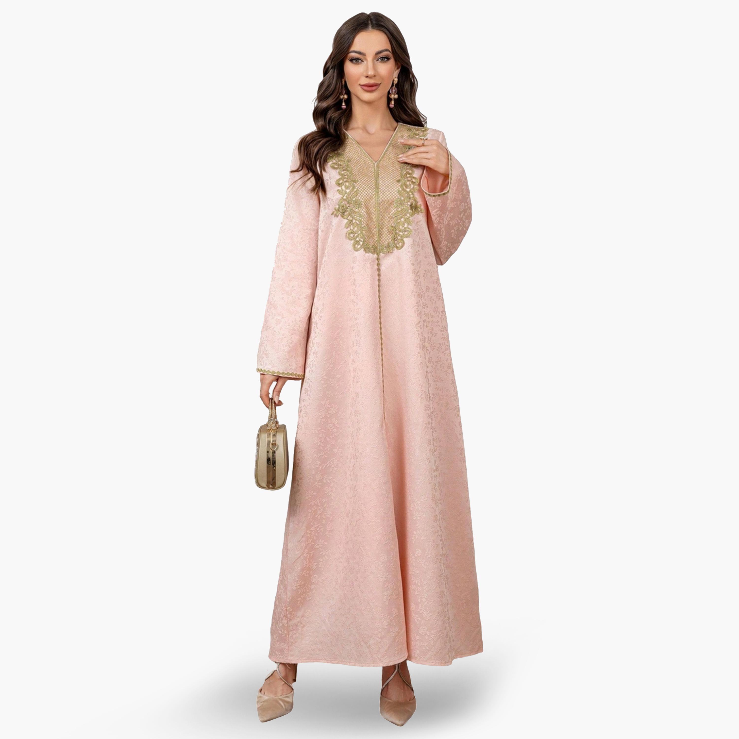 جلابية جاكارة مع رقعة دانتيل-women-arabicclothing-jalabiyas-image-1