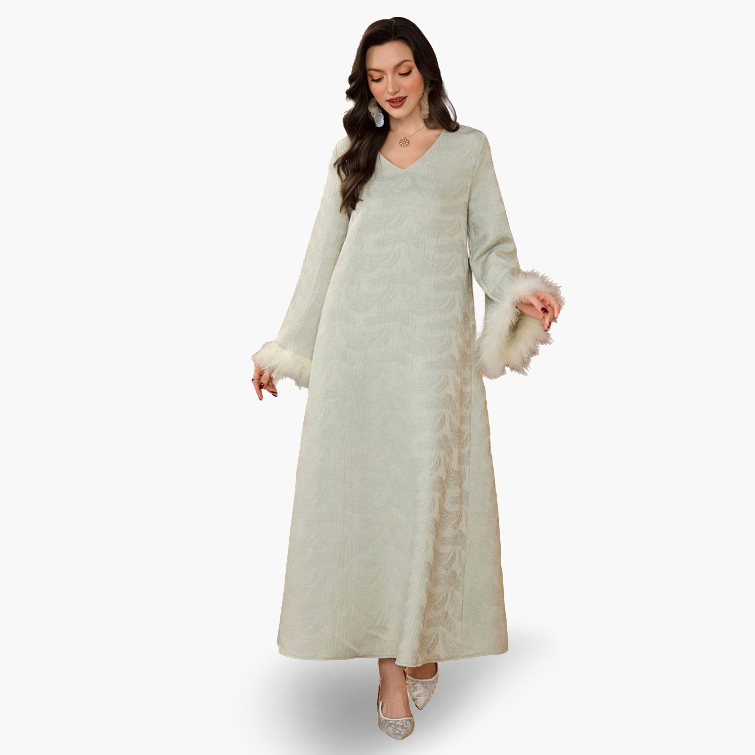 جلابية جاكارة بأساور فرو صناعي-women-arabicclothing-jalabiyas-image-1