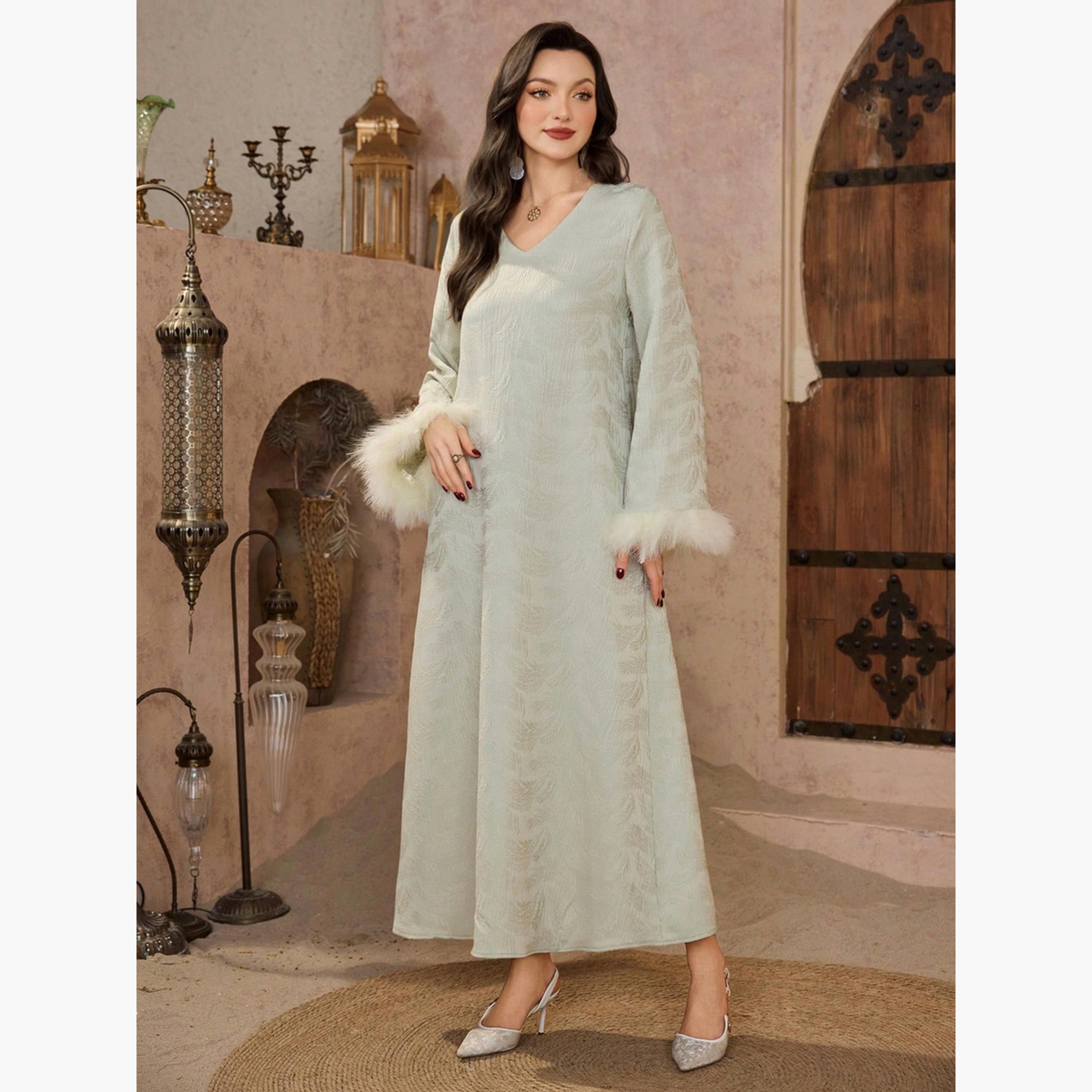 Take Two Women Faux Fur Cuff Jacquard Jalabiya-women-arabicclothing-jalabiyas-image-3