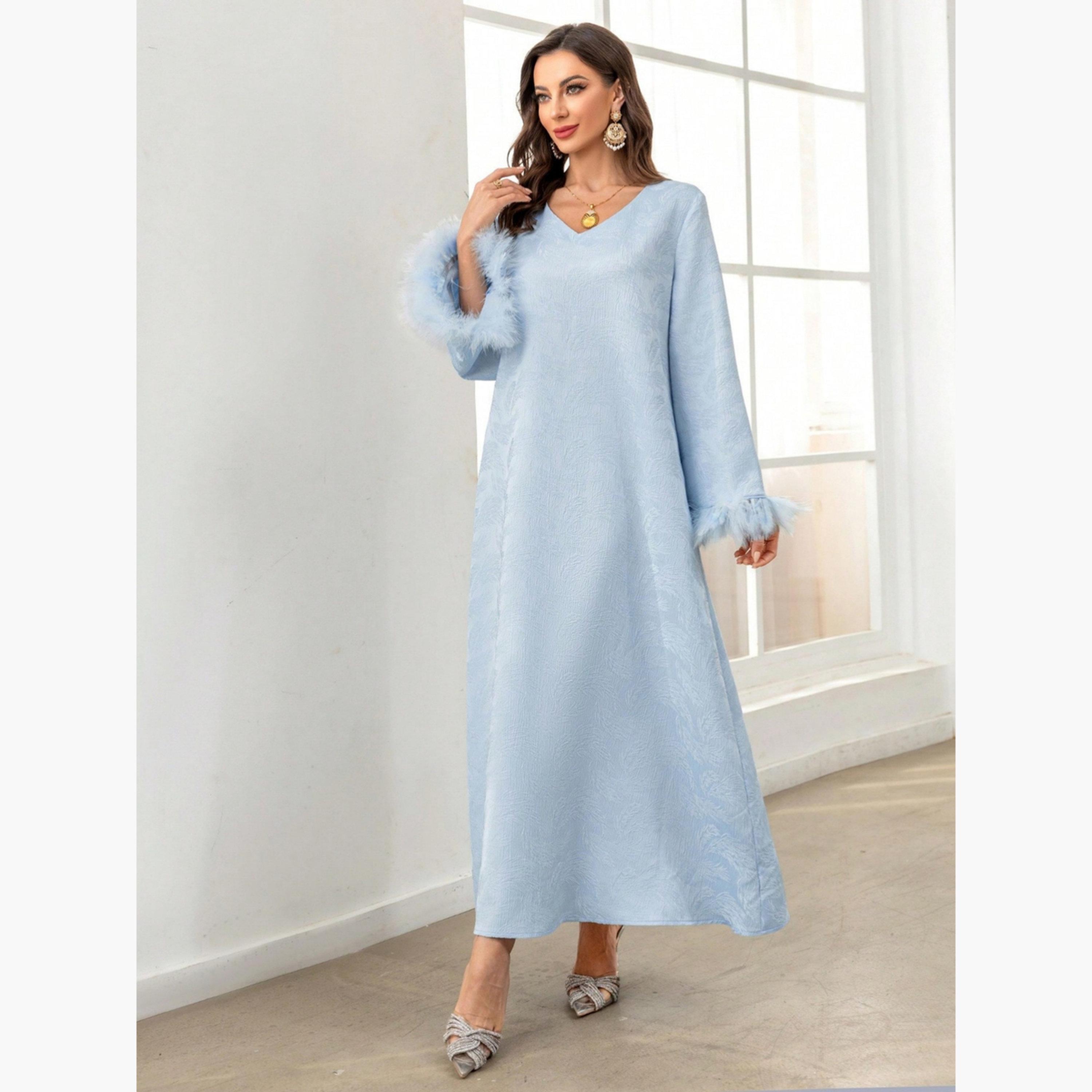 جلابية جاكارة بأساور فرو صناعي-women-arabicclothing-jalabiyas-image-2