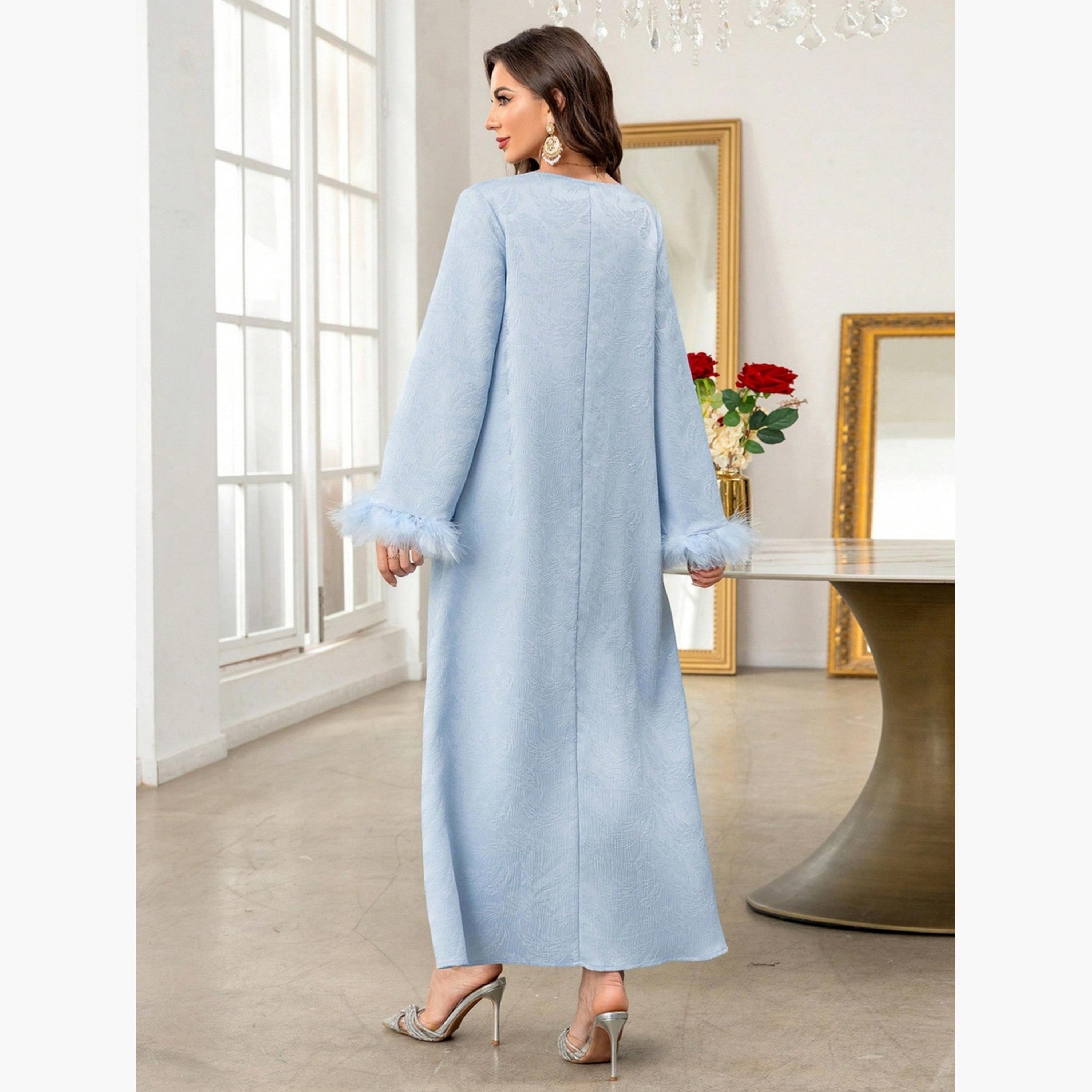 جلابية جاكارة بأساور فرو صناعي-women-arabicclothing-jalabiyas-image-4