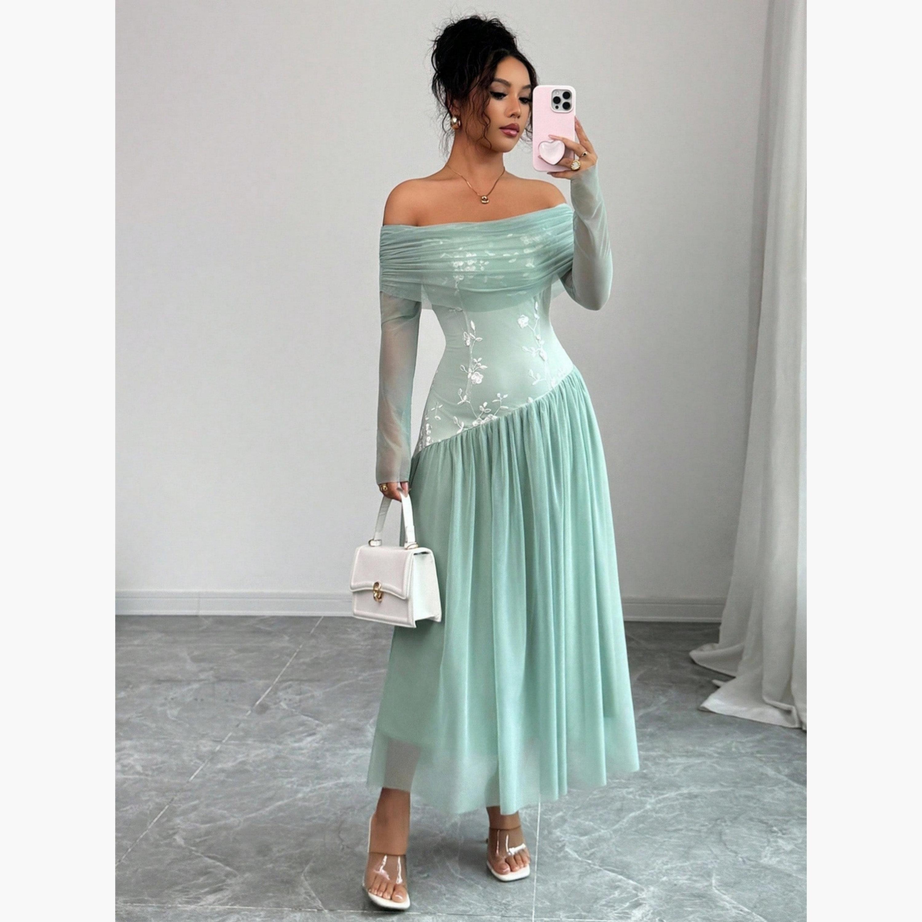 فستان طويل مكشوف الأكتاف بأكمام شبكية-women-clothing-dresses-image-3
