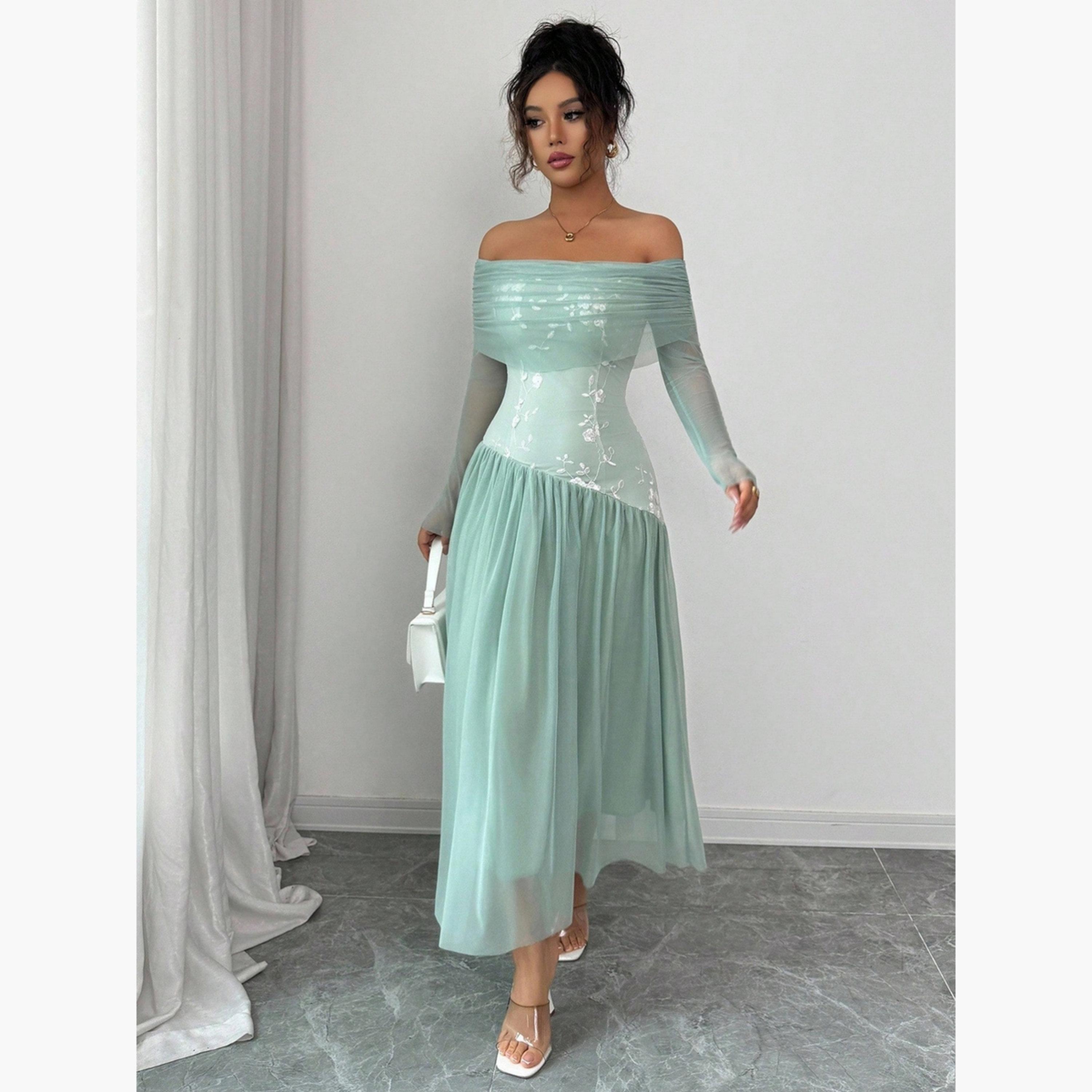 فستان طويل مكشوف الأكتاف بأكمام شبكية-women-clothing-dresses-image-4