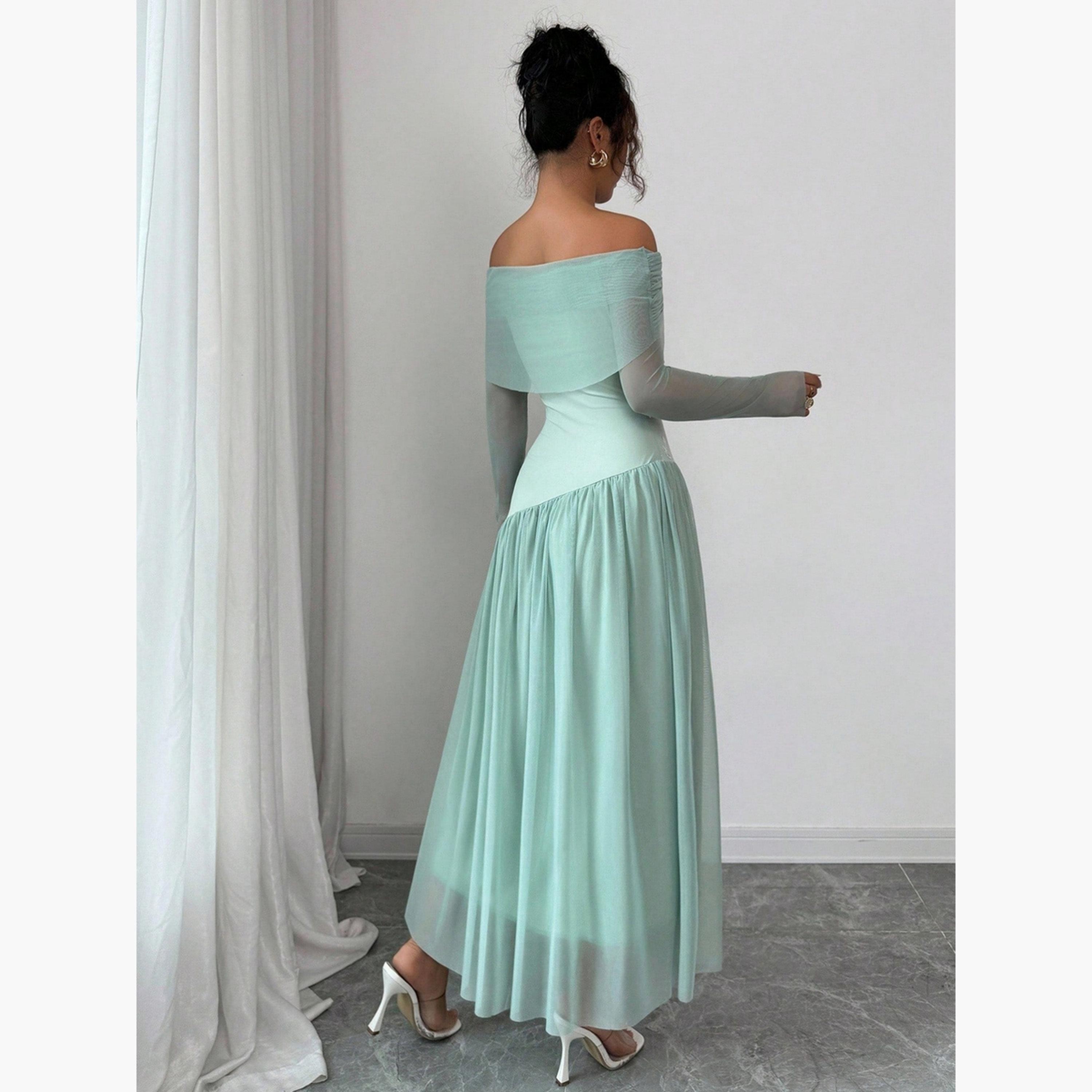 فستان طويل مكشوف الأكتاف بأكمام شبكية-women-clothing-dresses-image-5