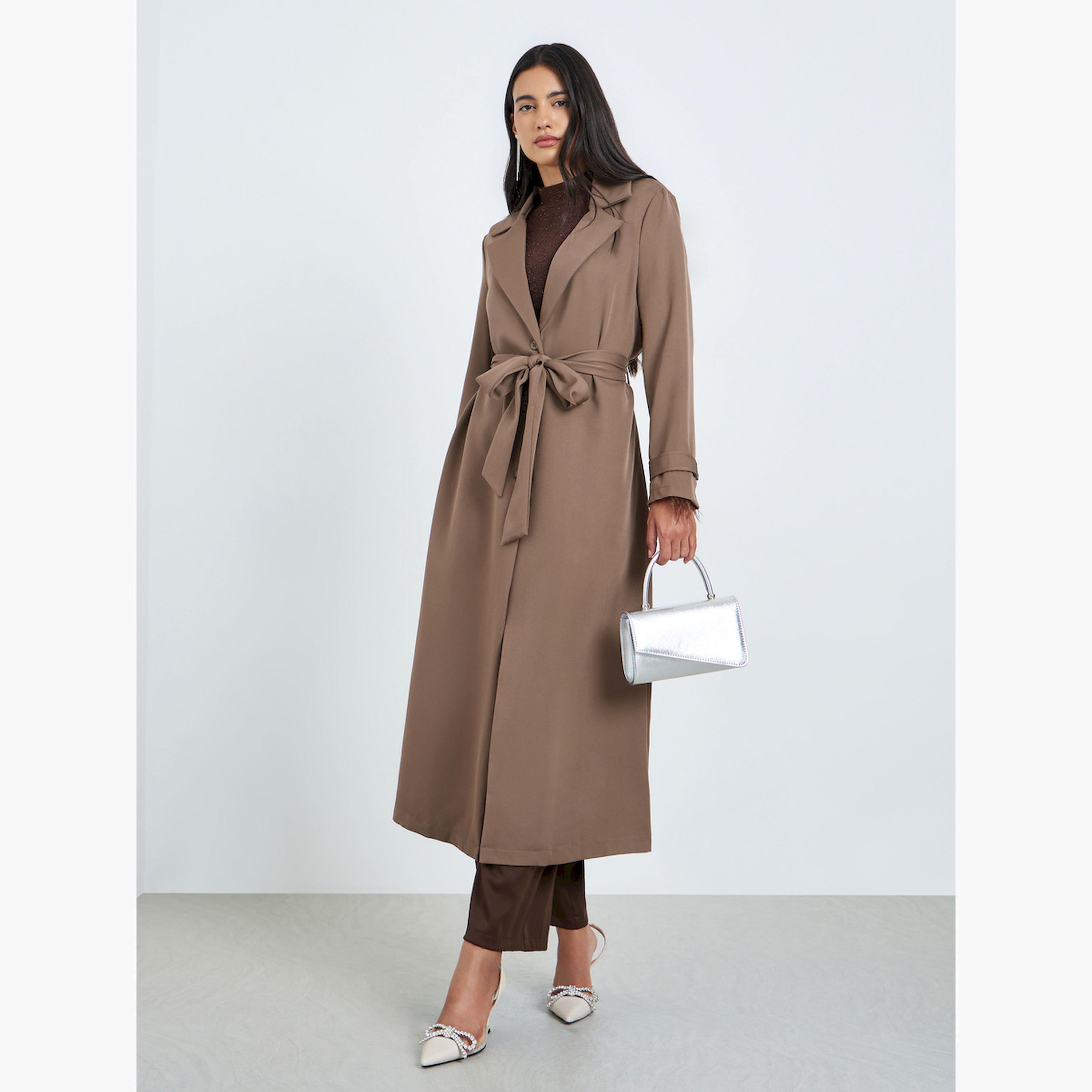 Styli Brown Regular Fit Belted Tailored Kimono-women-clothing-coatsandjackets-coats-image-1