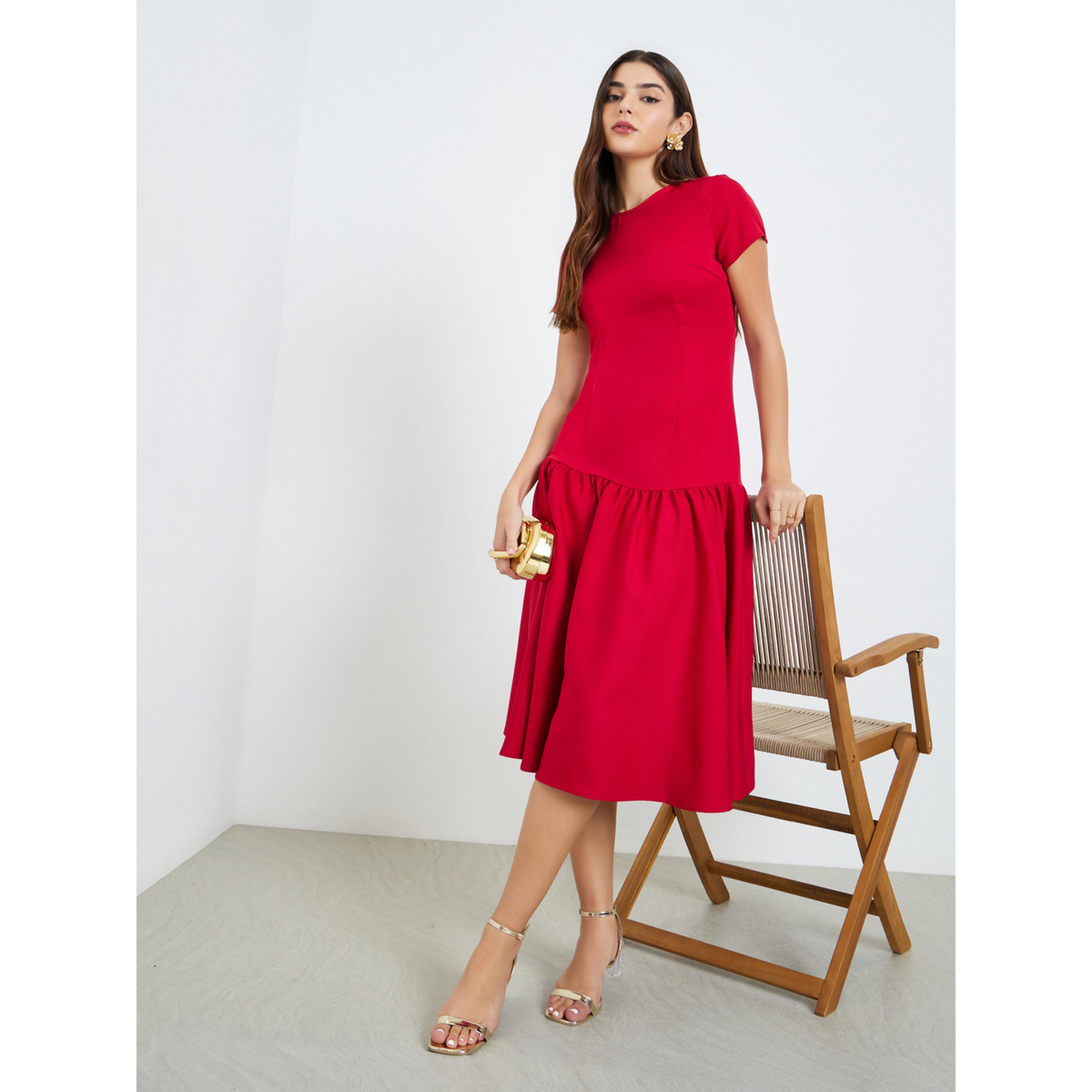 Styli Women Red Short Sleeves A-Line Midi Dress-women-clothing-dresses-image-1